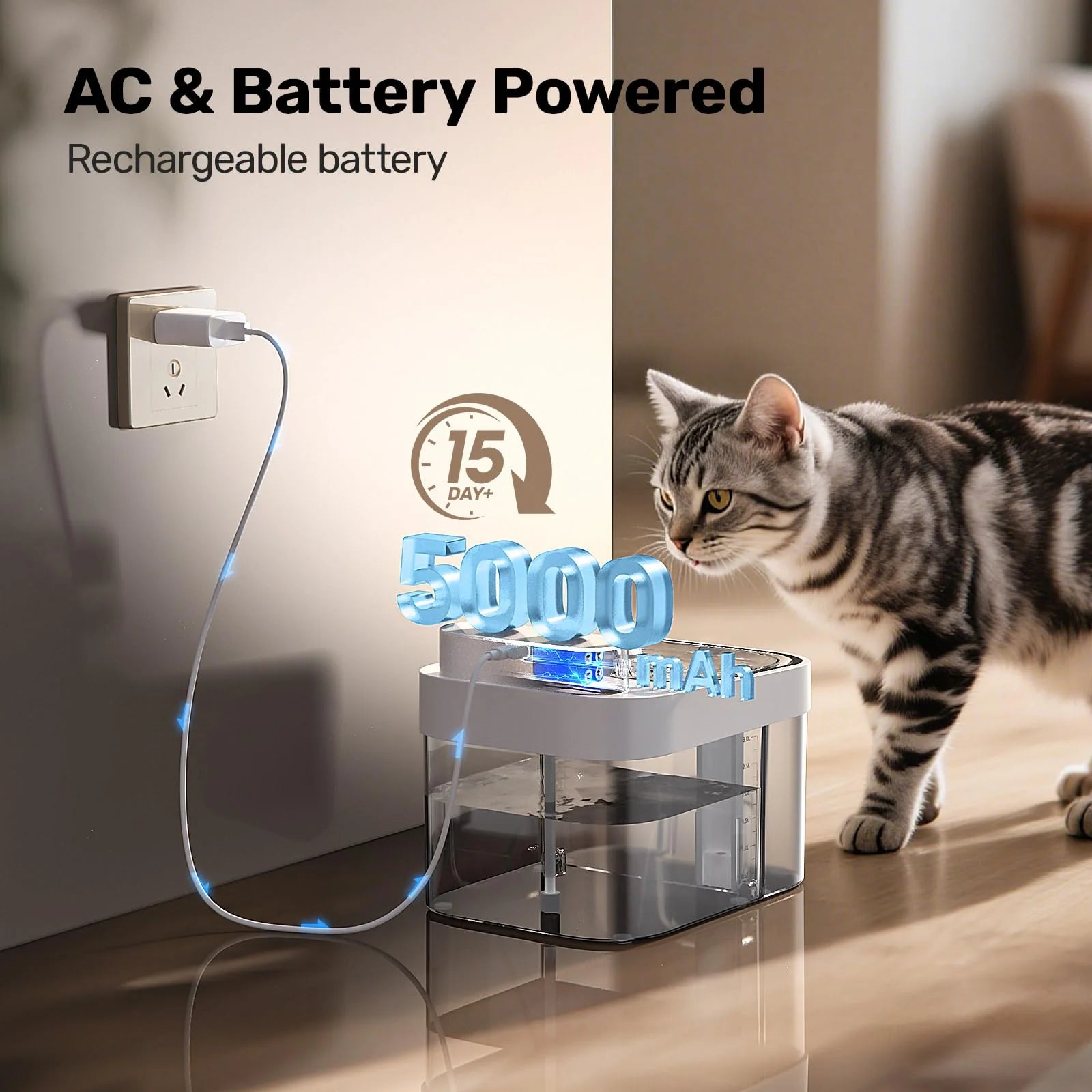 Cat Water Fountain Dual Tank No Filter 3L Battery Powered with Stainless Steel Tray for Cats