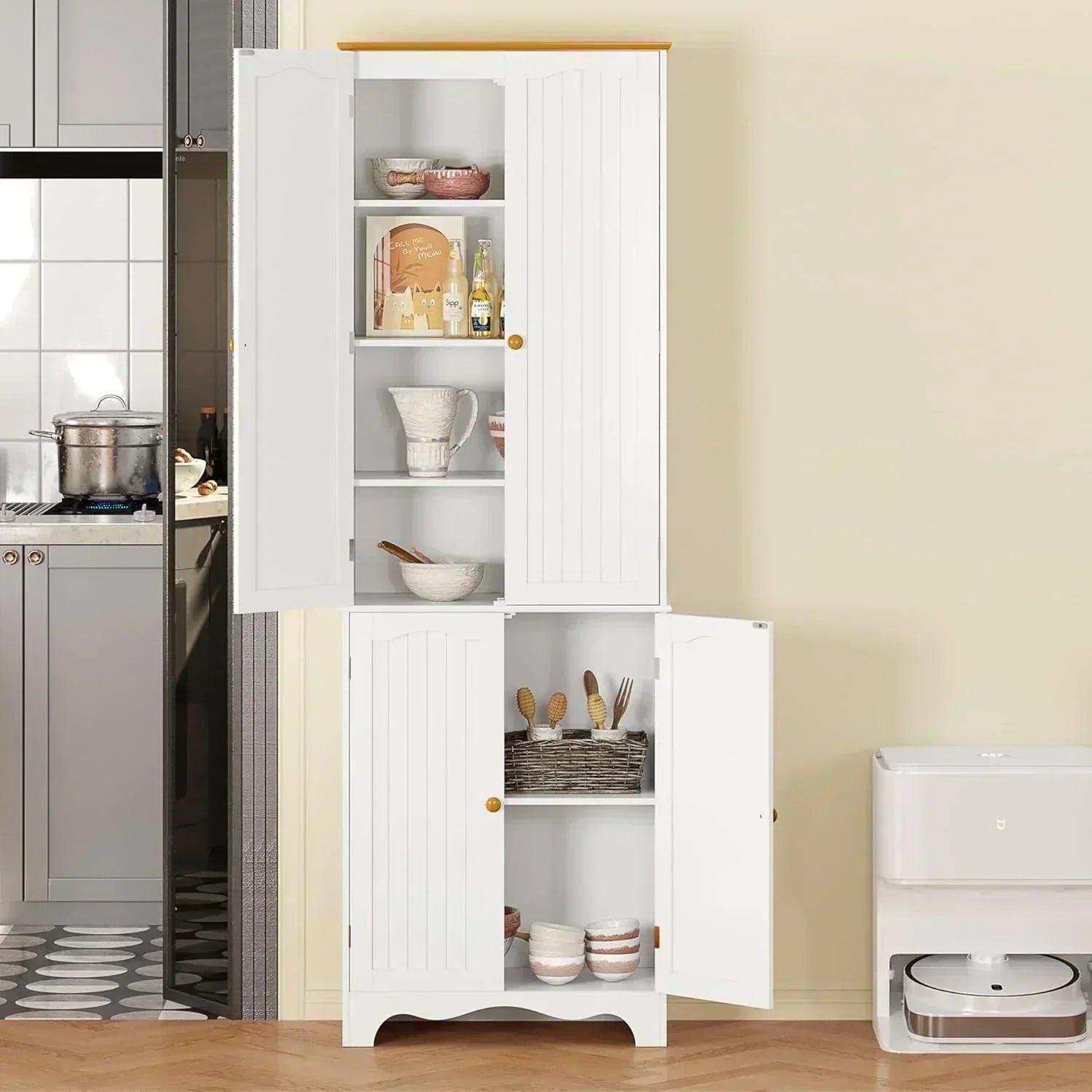 Tall Pantry Cabinet Freestanding Storage Cabinet Wooden Kitchen Pantry with 4 Doors