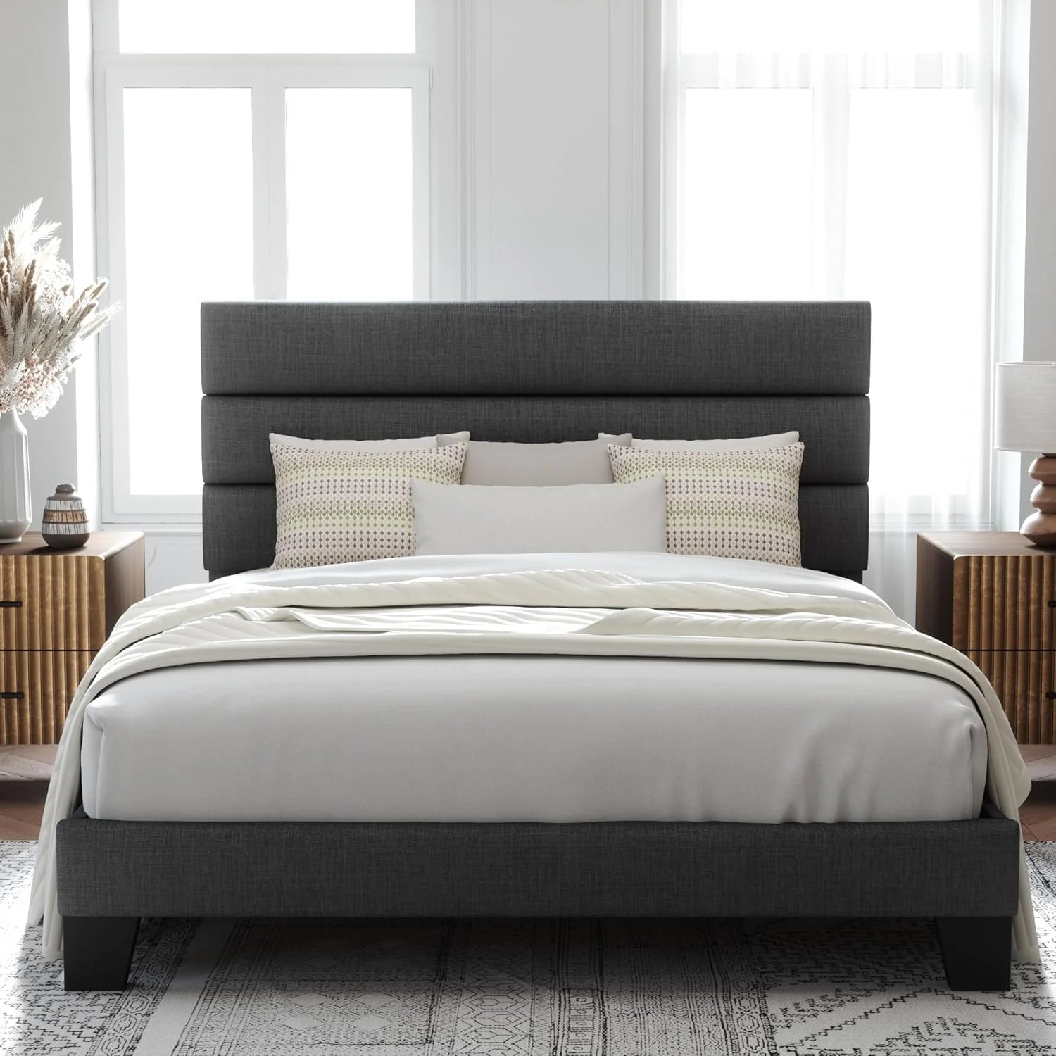 Allewie Queen Size Platform Bed Frame Fabric Upholstered Headboard Wooden Slats Support
