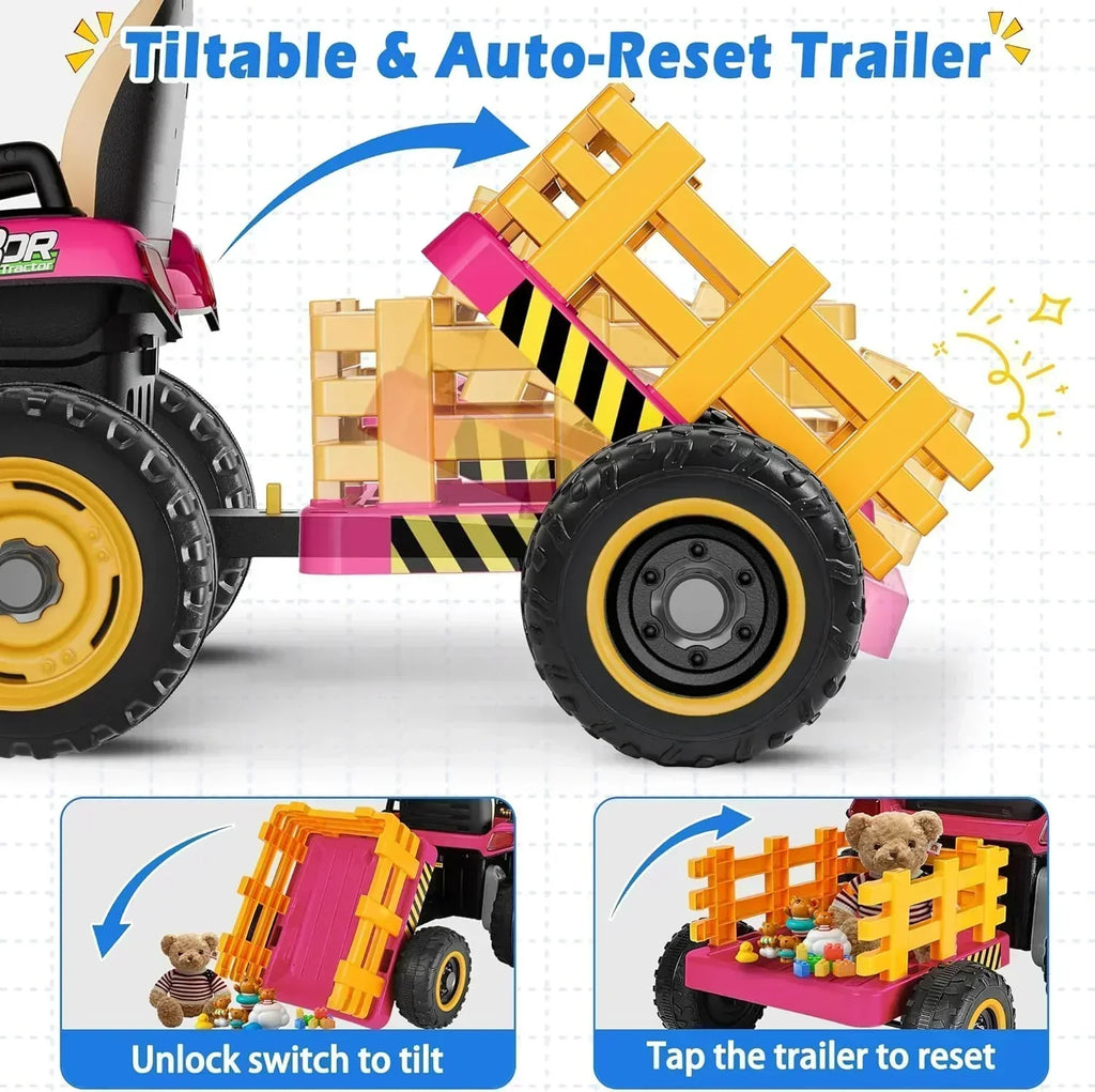24V Ride On Tractor Tiltable Detachable Trailer 2x65W Motors EVA Tires Remote Control