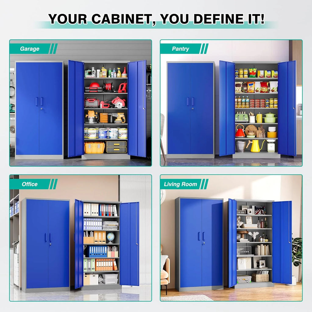 Metal Storage Cabinet with 2 Doors and 6 Shelves, Black Metal Cabinet with Lock, 71 Inch Lockable Garage Storage Cabinet