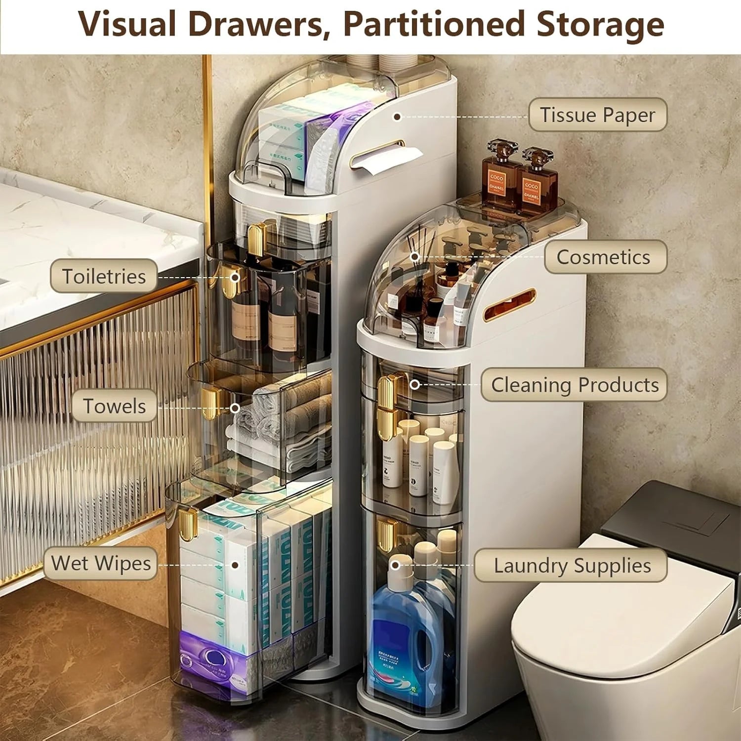 4-Tiers Narrow Bathroom Storage Cabinet 7.1 Slim Bathroom Floor Organizer with Drawers