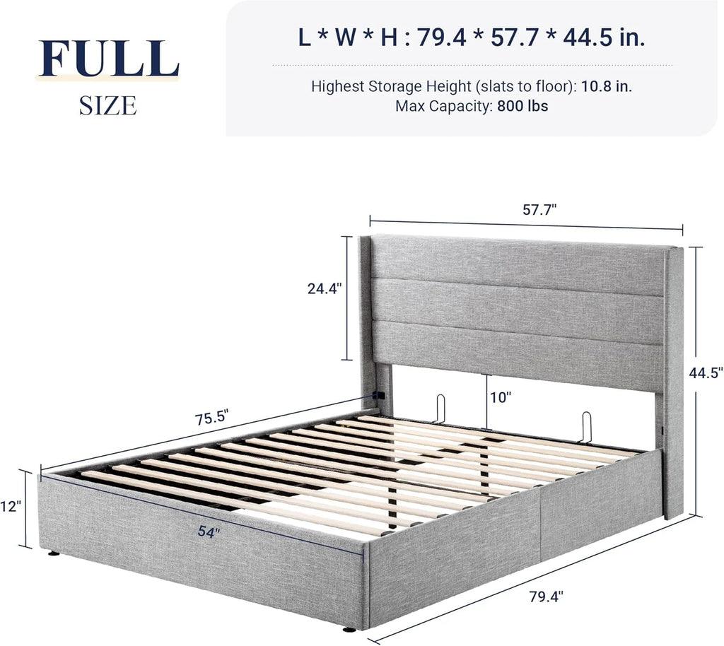 Allewie Queen Size Lift Up Storage Bed Modern Wingback Headboard Hydraulic Support