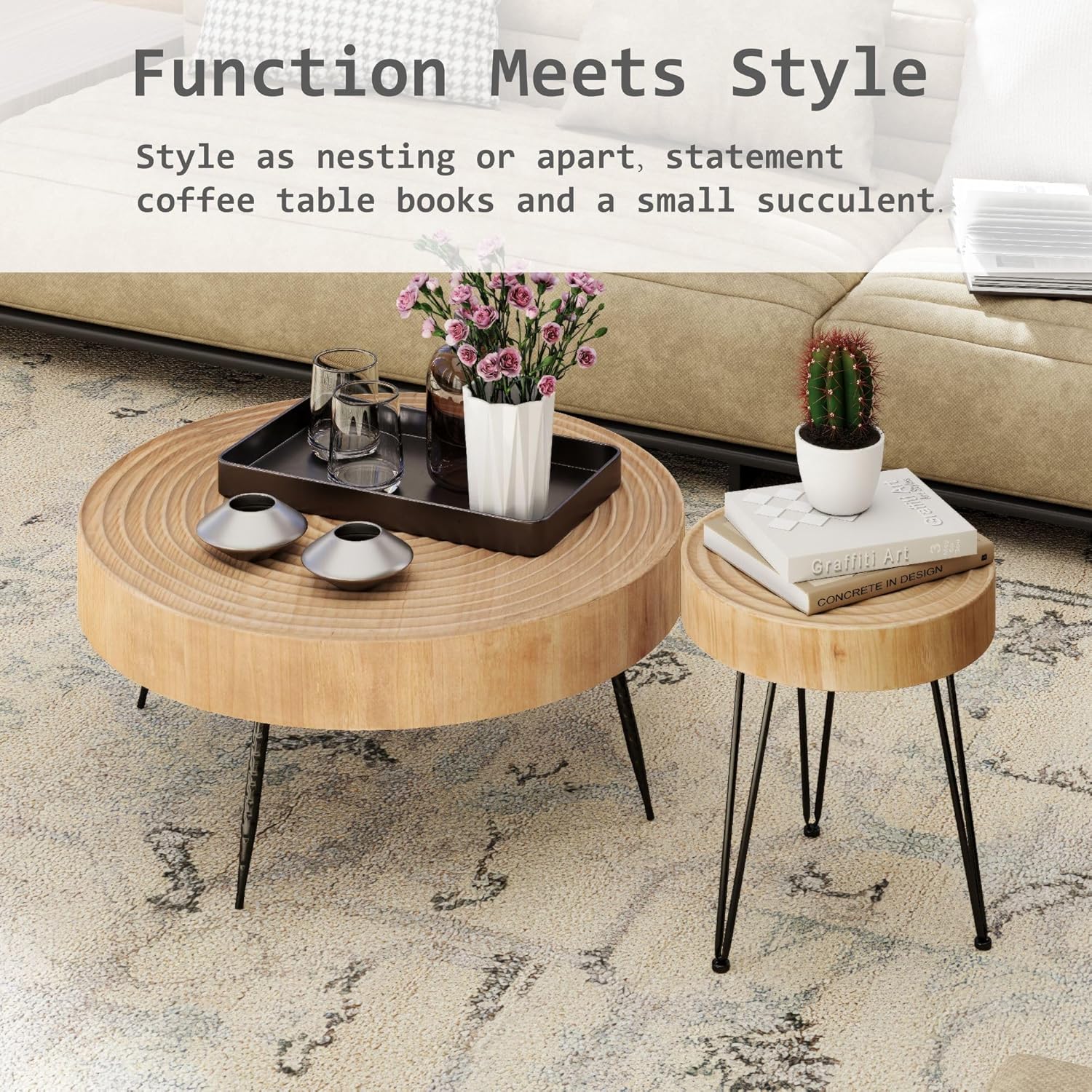 Two-Piece Modern Farmhouse Living Room Coffee Table Set Round Nesting Tables