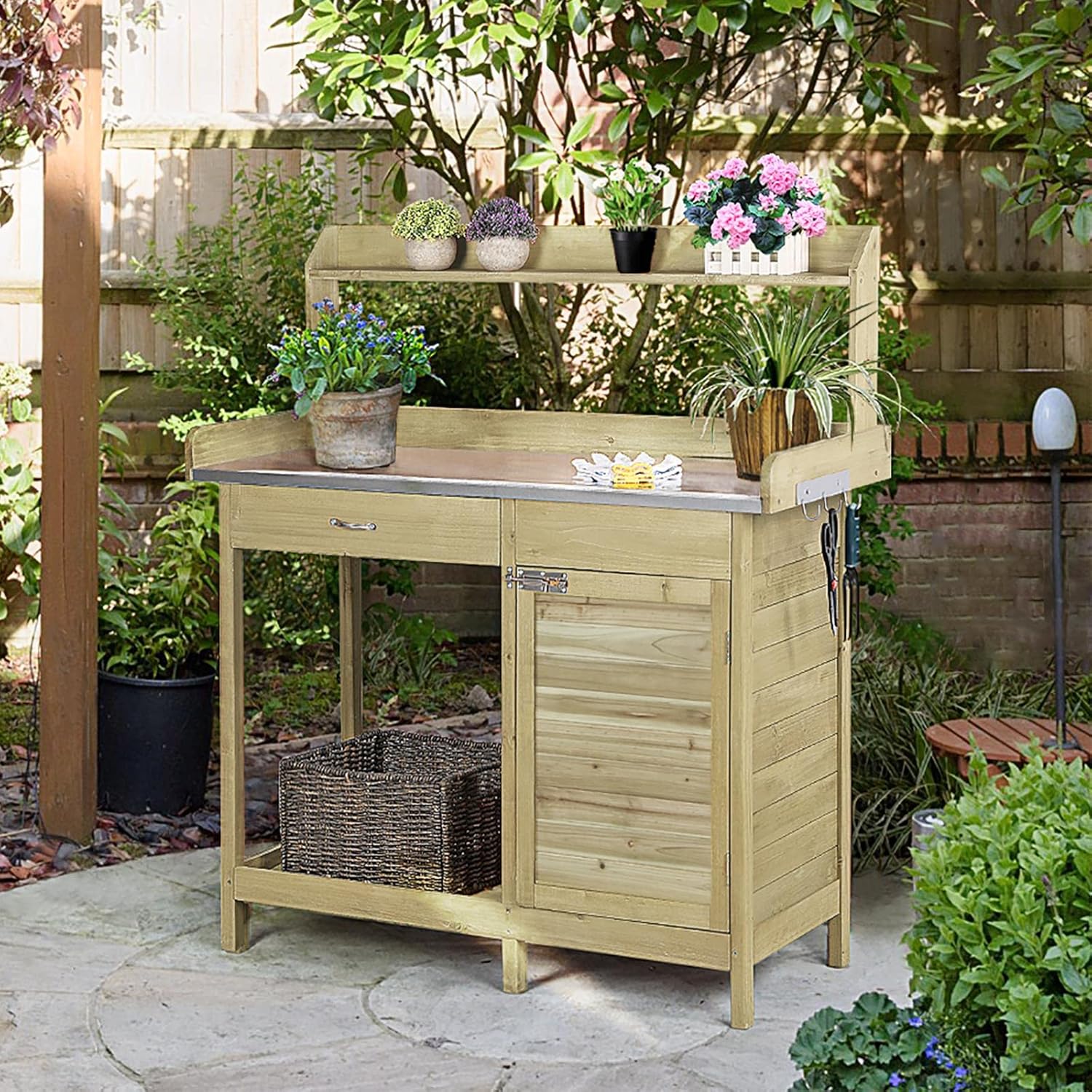 Yaheetech Outdoor Garden Potting Bench Table Work Bench Metal Tabletop Cabinet Drawer