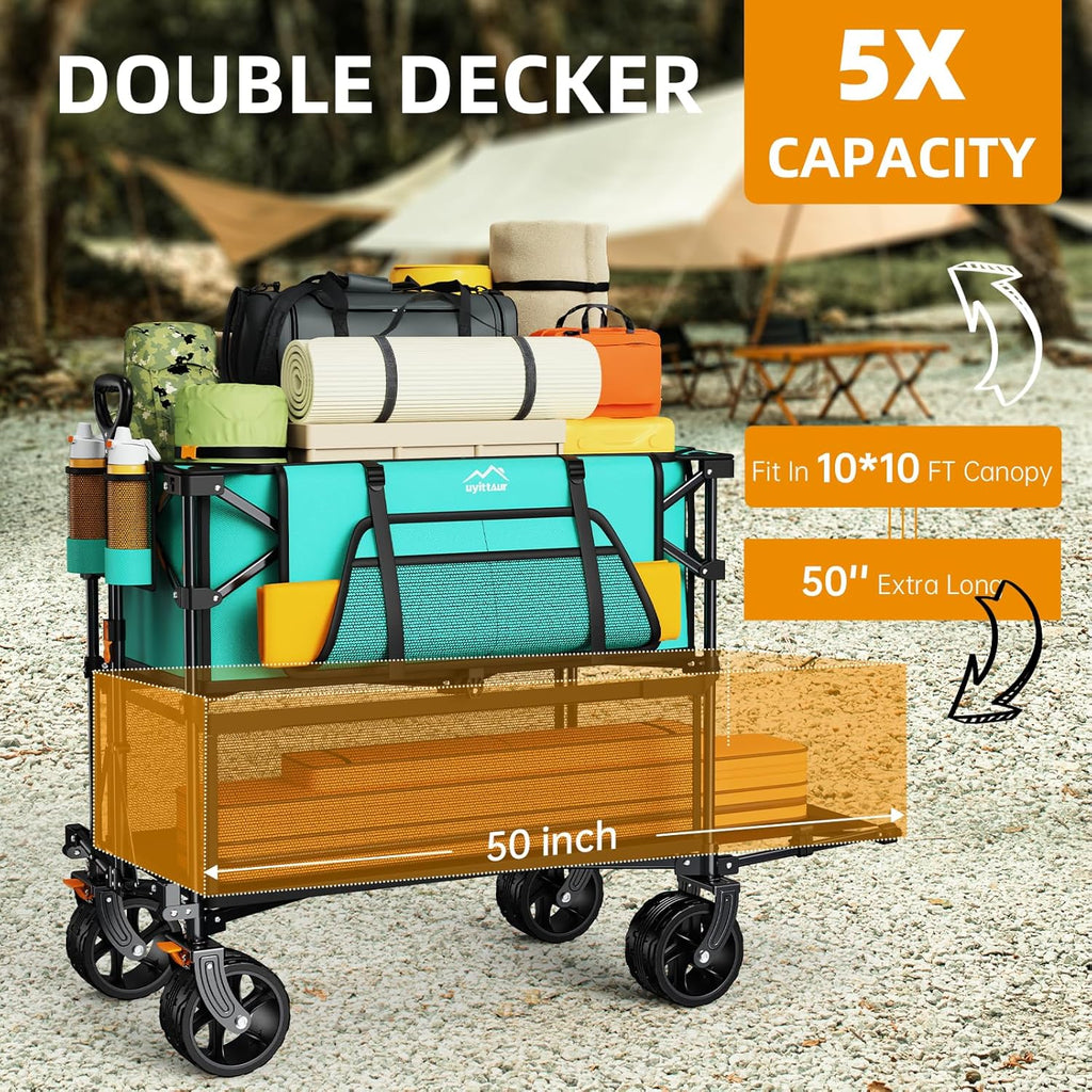 Foldable 50''L Extra Long Double Decker Wagon for Sport 400L Collapsible Heavy Duty Wagon Cart