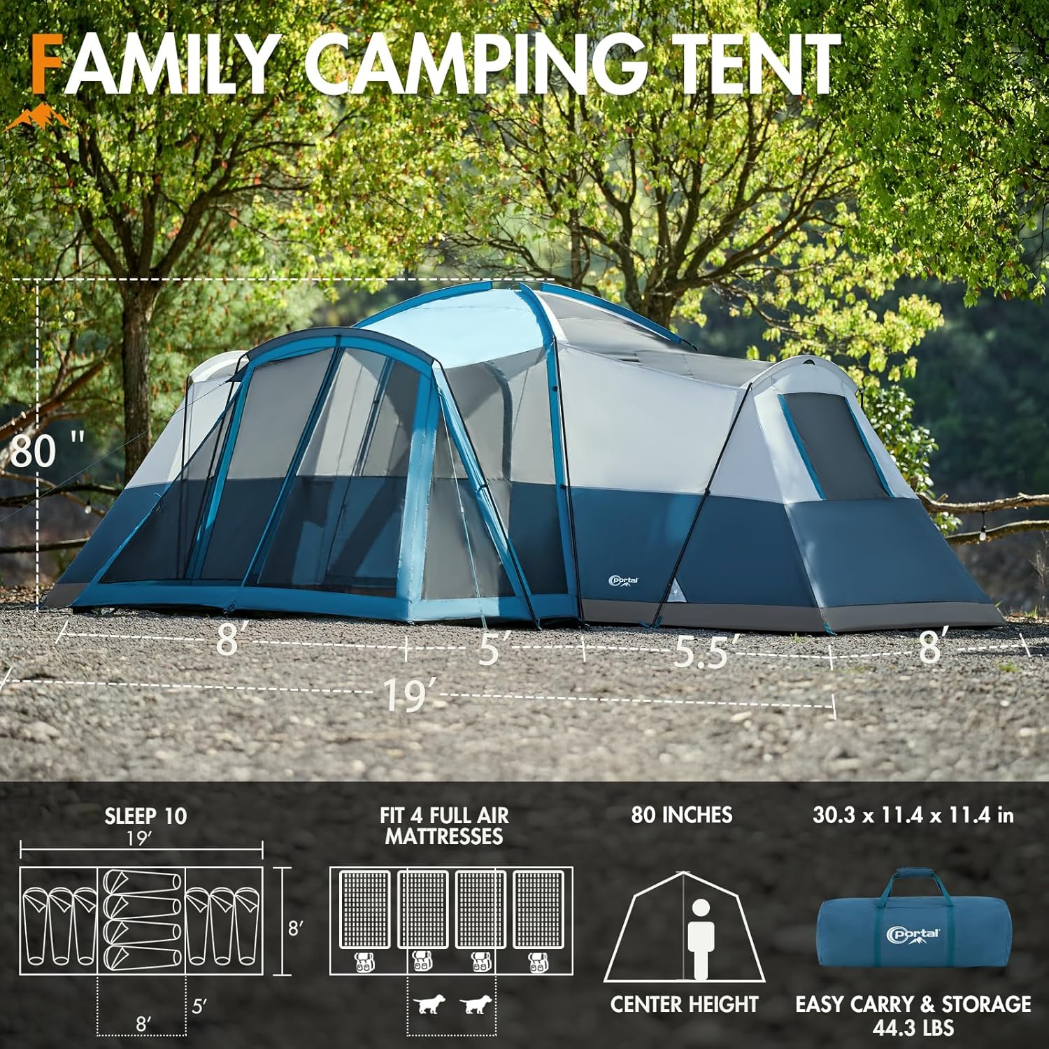 PORTAL 6/8/10 Person Family Camping Tent with Screen Room Water Resistant Big Tunnel Tent