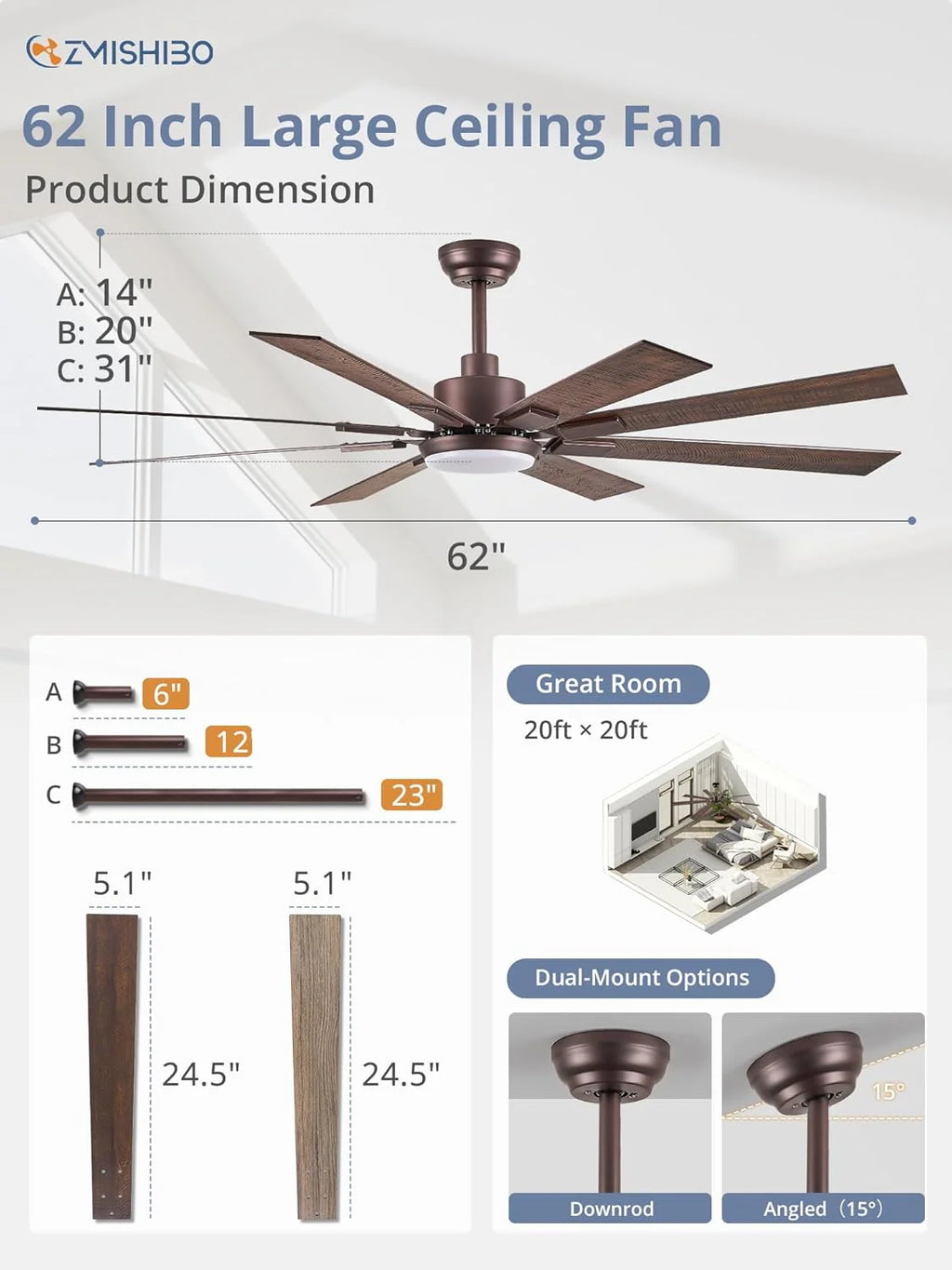 ZMISHIBO 72 inch Large Ceiling Fans with Lights and Remote, Indoor/Outdoor Black Modern Ceiling Fan for Kitchen Living Room Patio, 6 Speed Reversible Quiet DC Motor, 3 CCT, Dual Finish 8 Blades