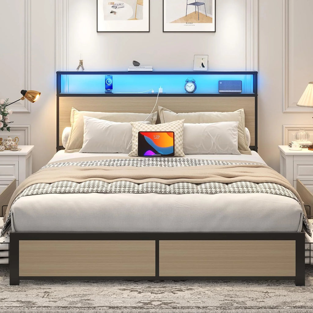 Lifezone Queen Bed Frame with 2-Tier Storage Headboard, Metal Platform Bed Frame with 4 Storage Drawers, Built in Charging Station & LED, Noise-Free/Metal Support/No Box Spring Needed