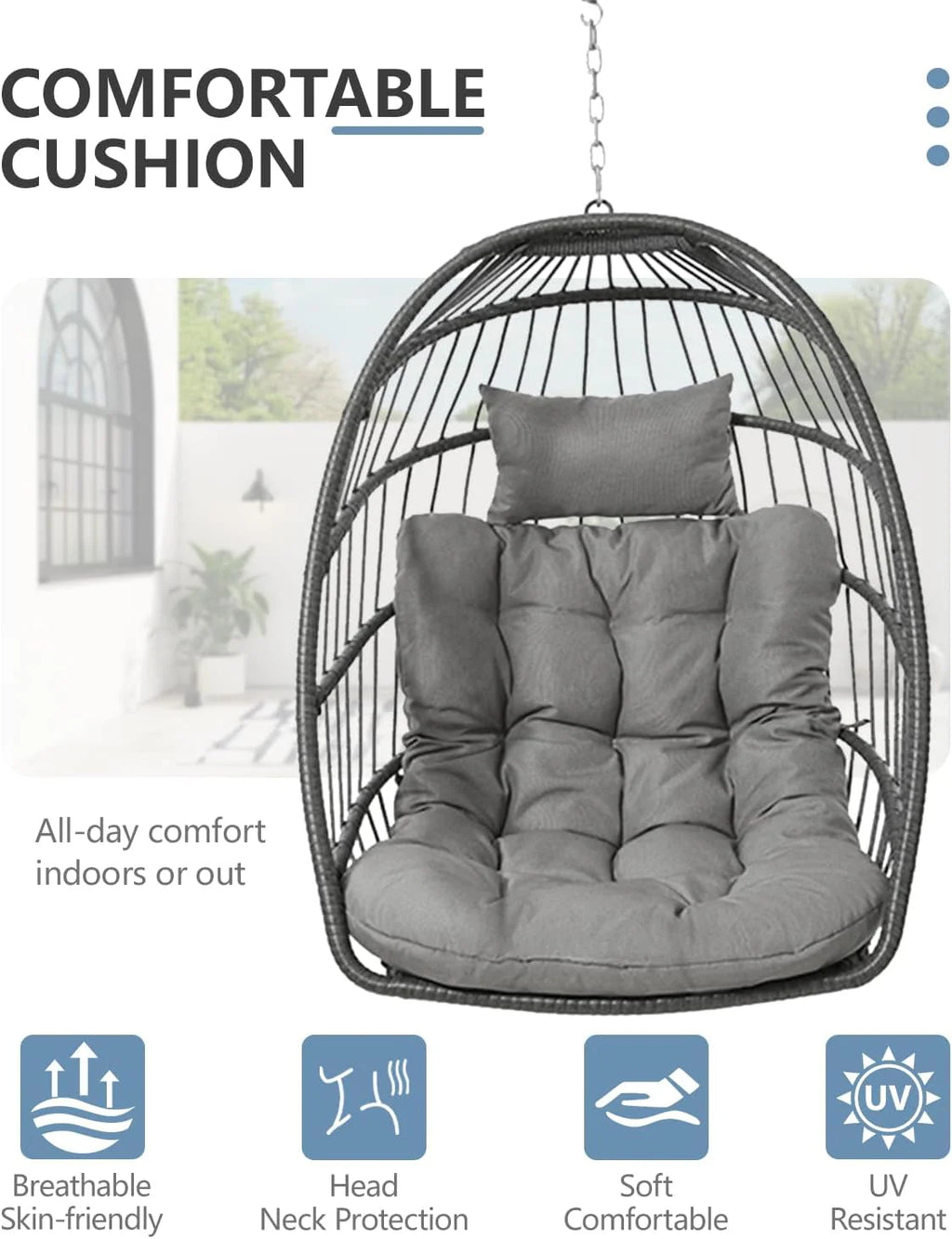 SWITTE Egg Chair Outdoor Indoor Wicker Hanging Egg Swing Chair 350lbs Capacity for Patio
