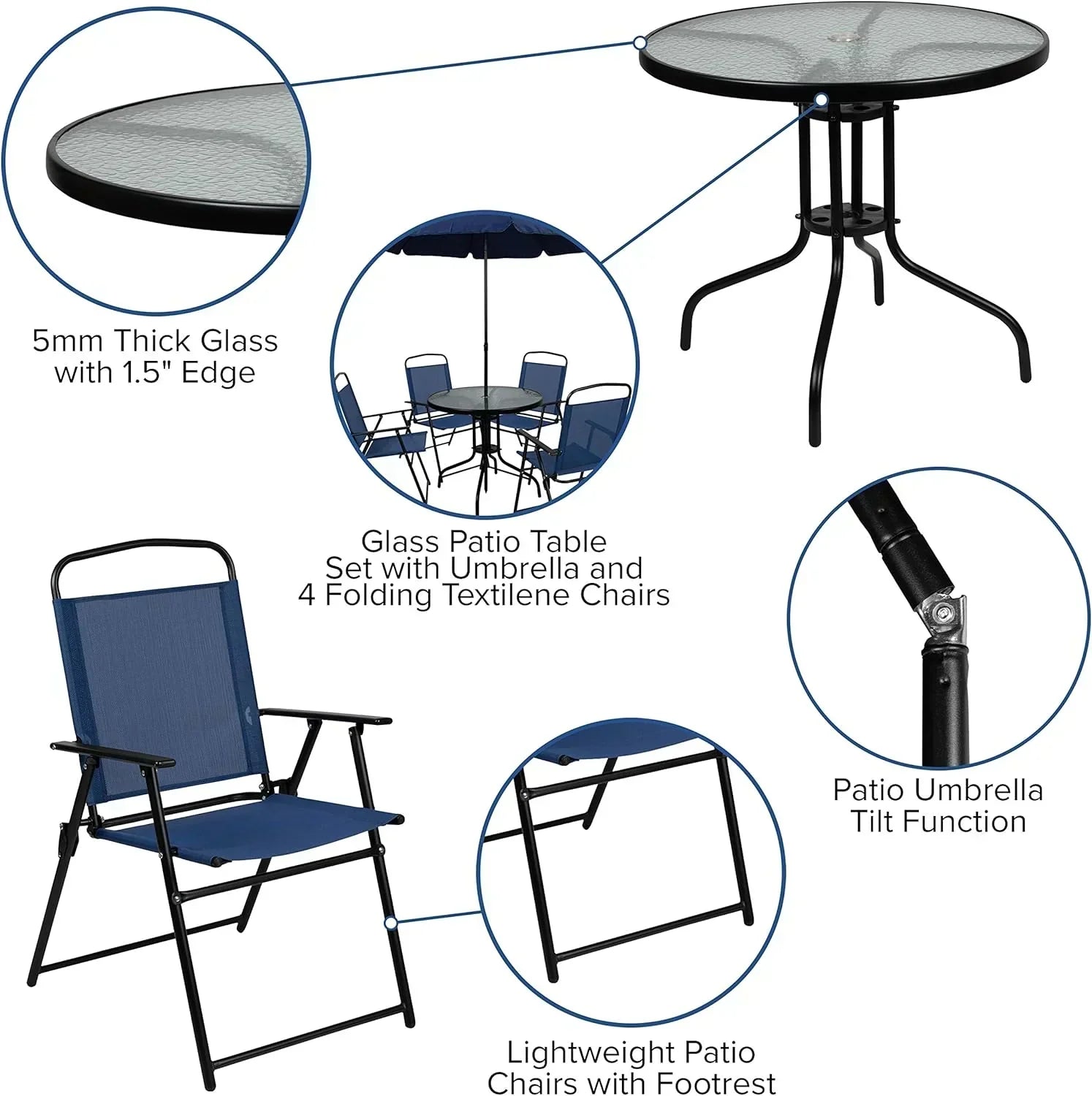 EMMA + OLIVER 6 Piece Brown Patio Garden Set with Umbrella Table Set of 4 Folding Chairs