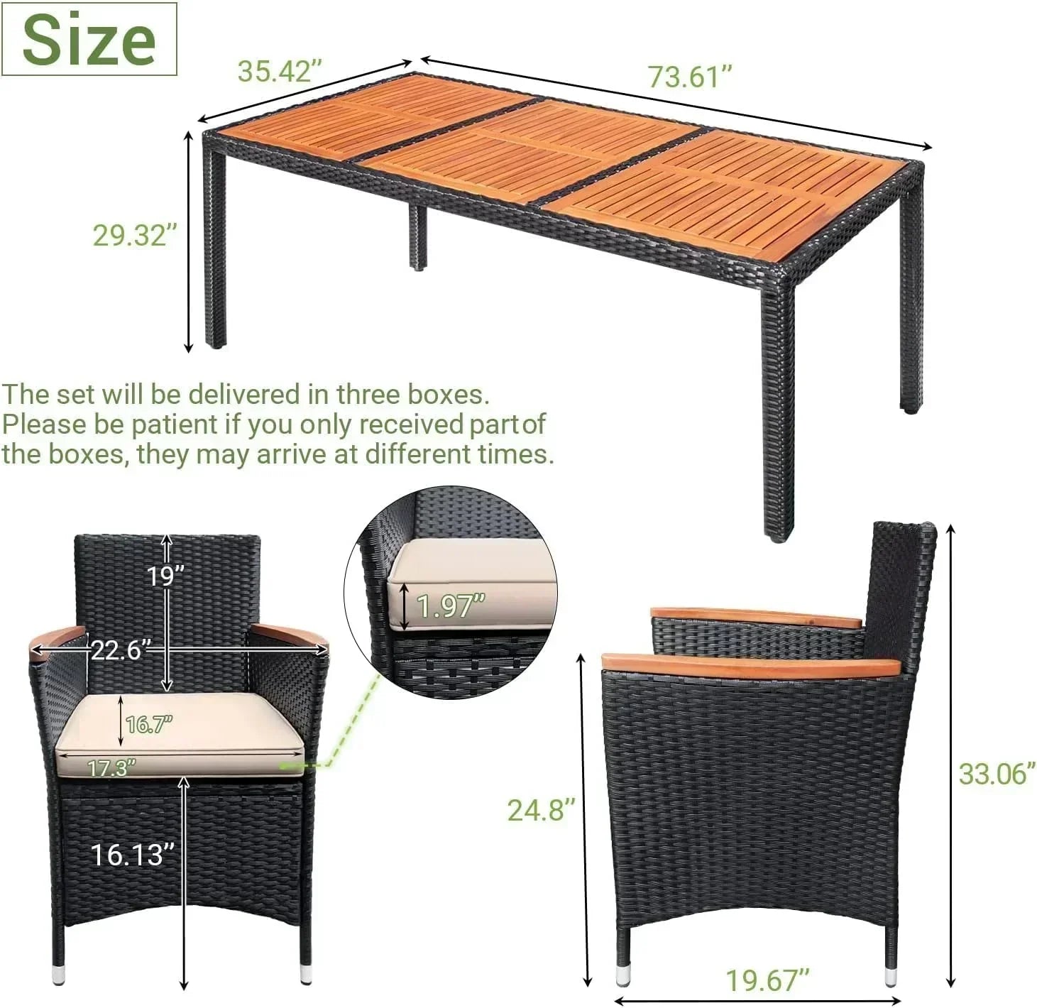 Devoko Dining 7 PCS Furniture Patio Conversation Set with Acacia Wood Table Top Rattan Outdoor