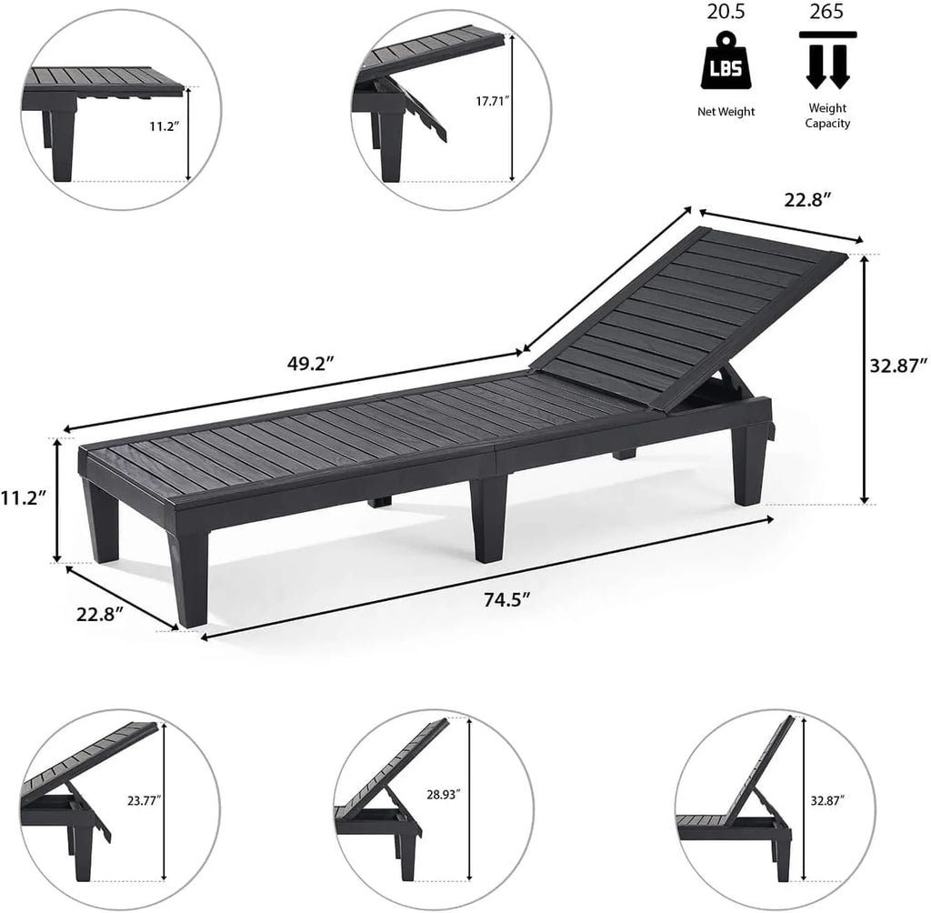 Patio Chairs - Black Chaise Lounge Chair Outdoor 5-Position Adjustable Sun Tanning Chair Waterproof Pool Lounge Chairs Set of 2 Reclining Lawn Chair, Lightweight Outdoor Lounge Chairs