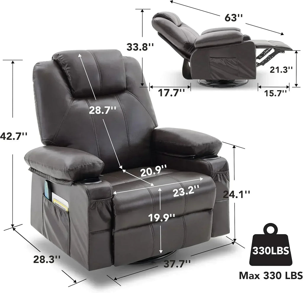 Large Swivel Rocking Recliner with Massage Function 360 Degree Swivel Rocking Single Sofa