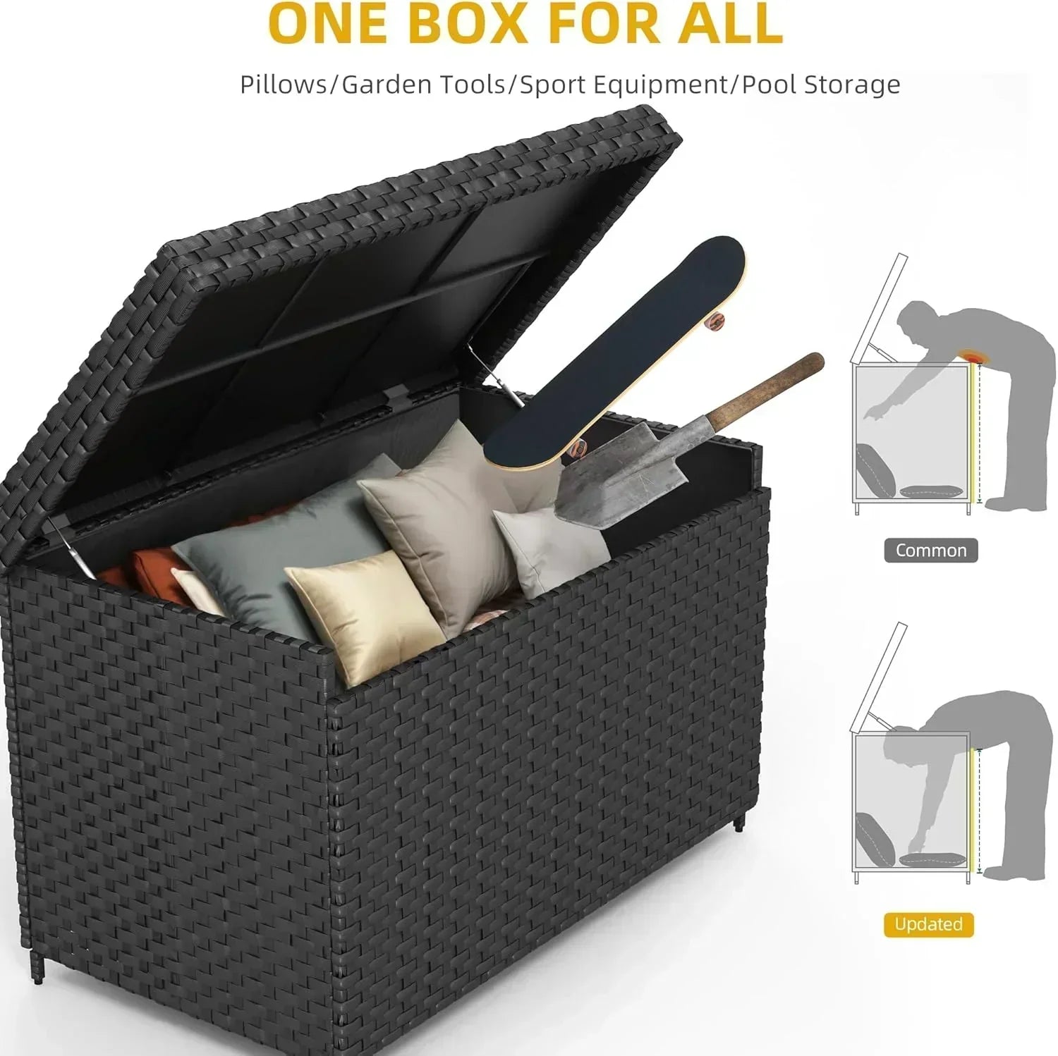 DWVO 70Gal Outdoor Storage Bench with Cushion Composite Wood Backrest Wicker Deck Bench