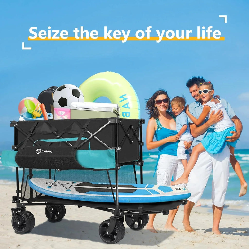 400L Large Capacity Folding Double Decker Wagon with Brakes, 50 Extra Long Extender Cart, 500lbs Heavy Duty Collapsible Wagons