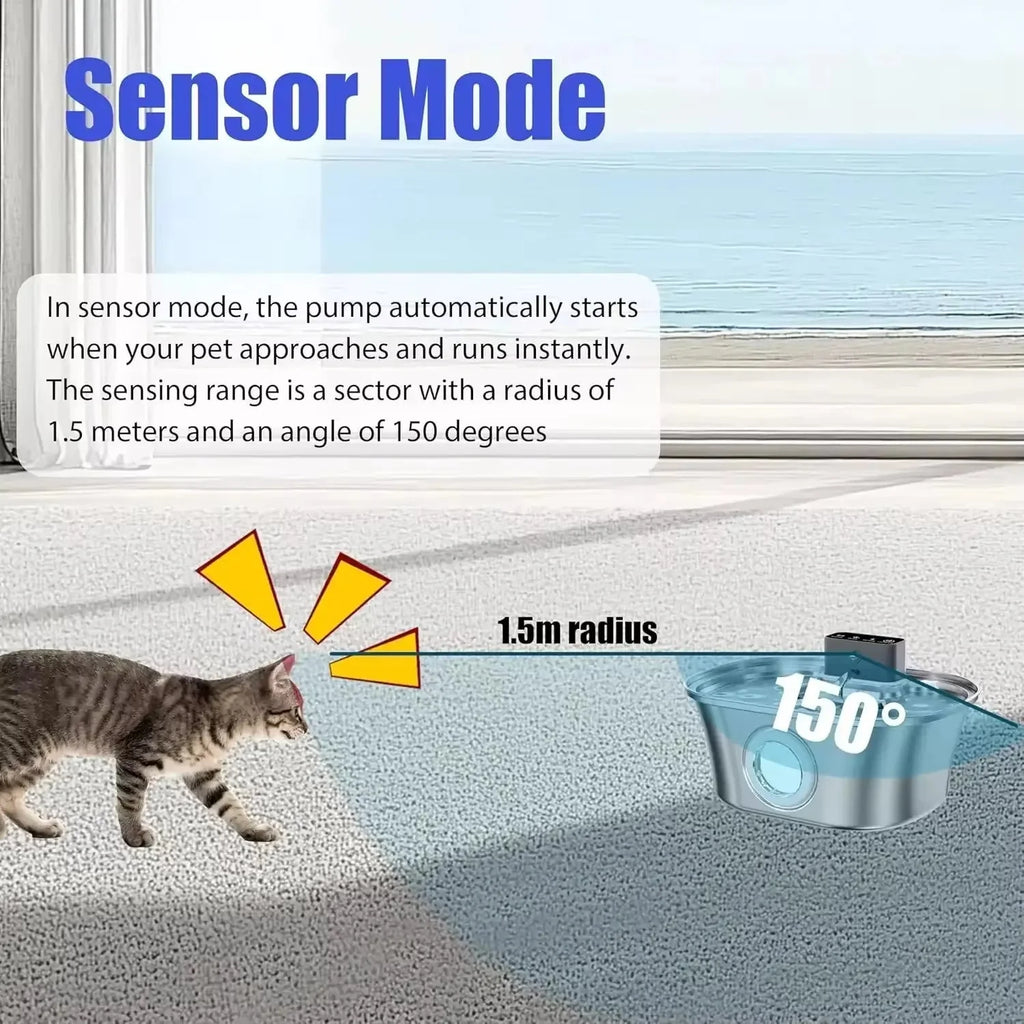 Wireless Cat Water Fountain 3.2L Rechargeable Battery with Motion Sensor Filter and Stainless Steel Bowl