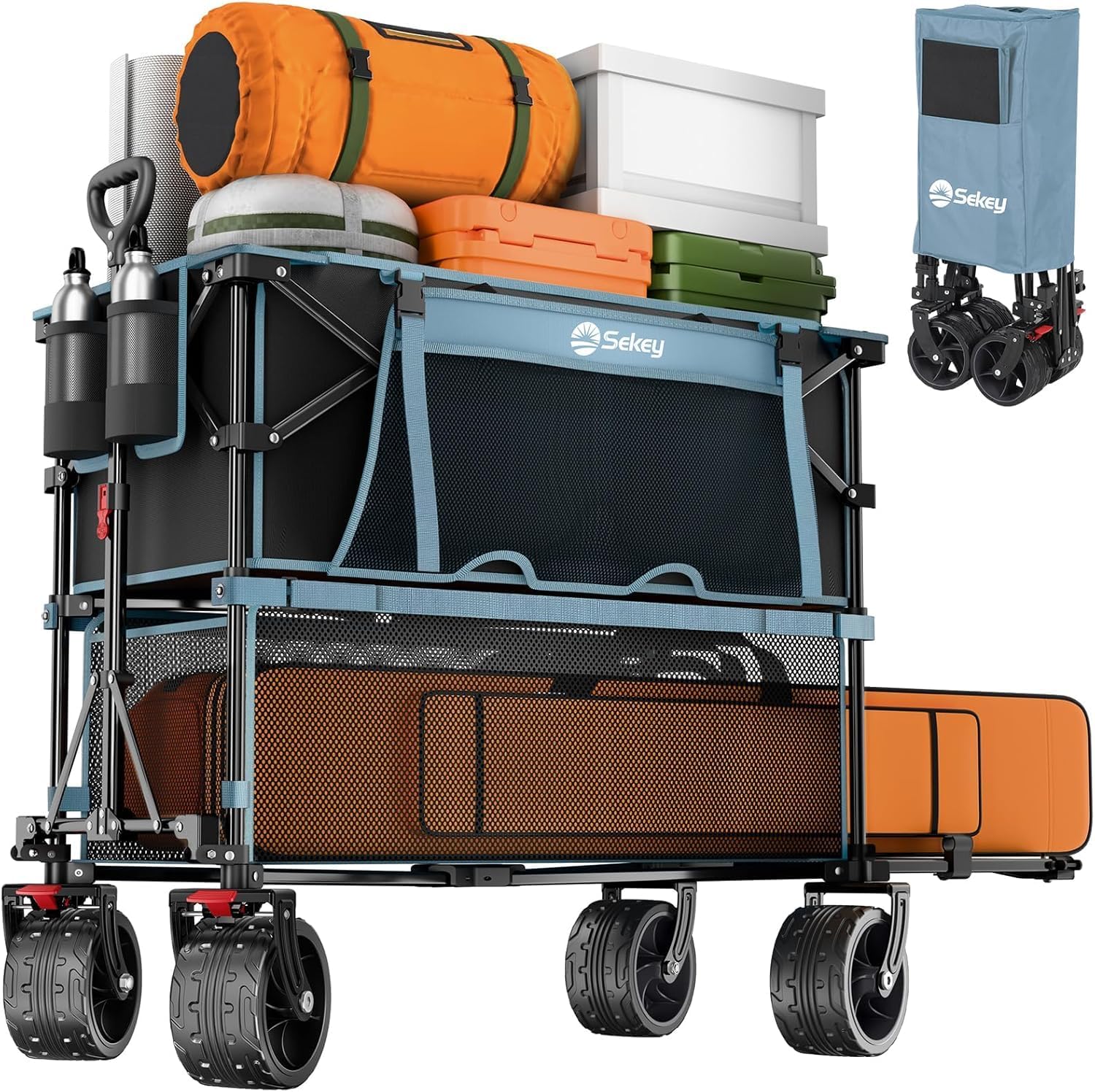 400L Large Capacity Folding Double Decker Wagon with Brakes, 50 Extra Long Extender Cart, 500lbs Heavy Duty Collapsible Wagons