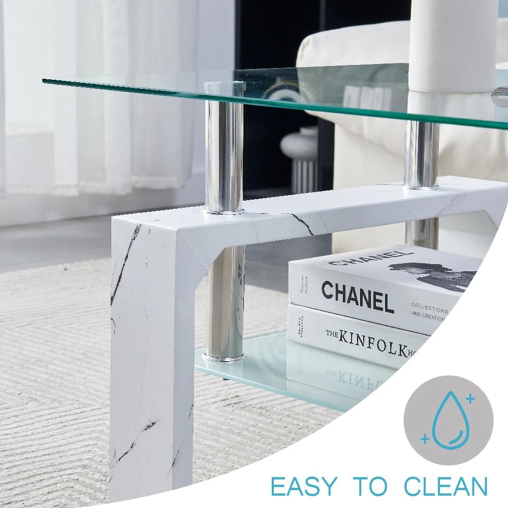 Living Room Rectangle Coffee Table, Tea Table Suitable for Waiting Room, Modern Side Coffee Table with Wooden Leg, Glass Tabletop