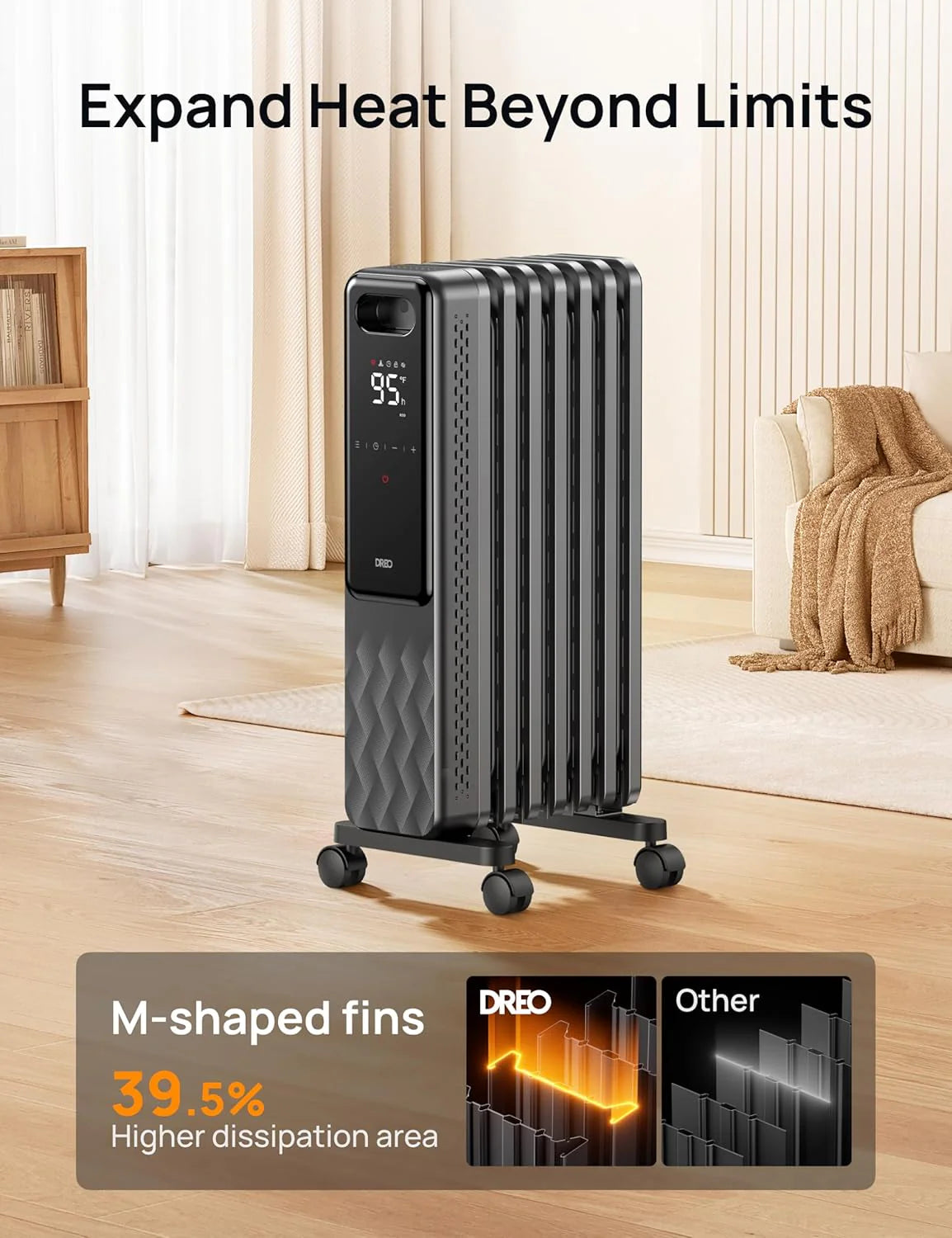 Dreo Oil Filled Radiator, Electric Radiant Heaters for indoor use Large Room with Remote Control, Child Lock, 4 Modes, Overheat & Tip-Over Protection, 24h Timer, Digital Thermostat, Quiet, 1500W