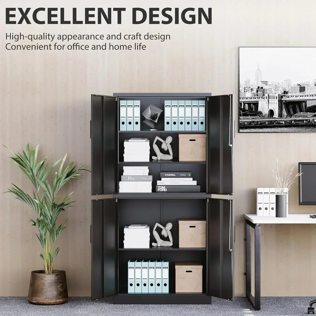 Metal Storage Cabinet with 2 Doors and 6 Shelves Black Metal Cabinet Garage Storage Cabinet