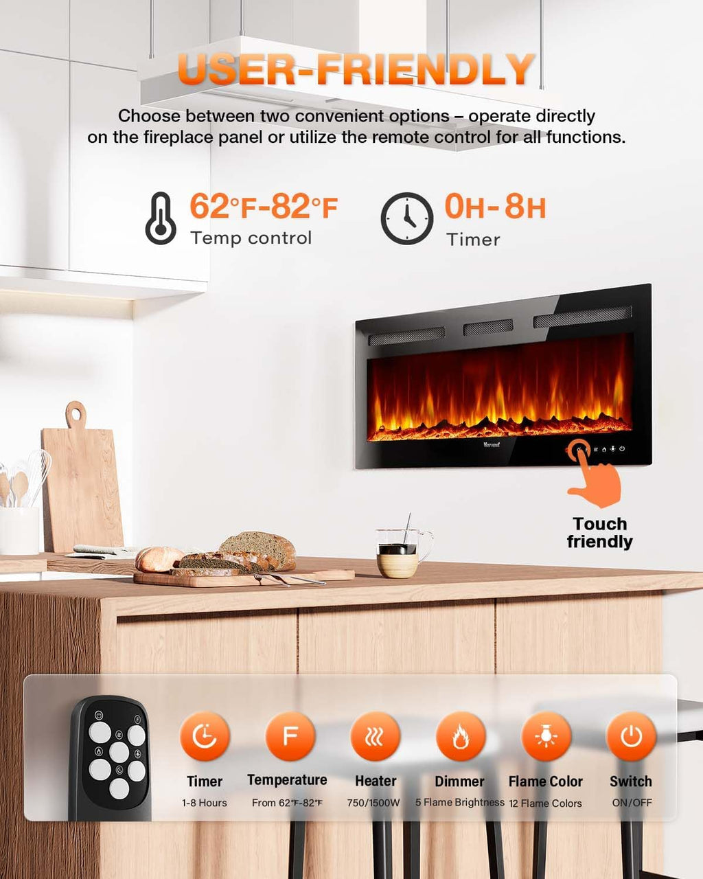 Electric Fireplace 60Inch Wall Mounted Electric Fireplace Heater with Timer Inserts TV Stand