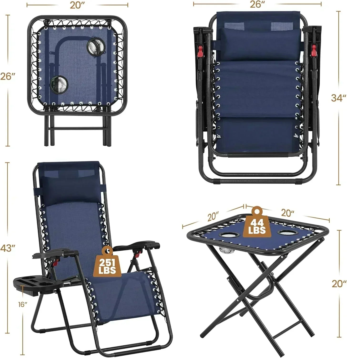 3PCS Zero Gravity Recliner Portable Outdoor Reclining Chair Set Side Table Lounge Chairs