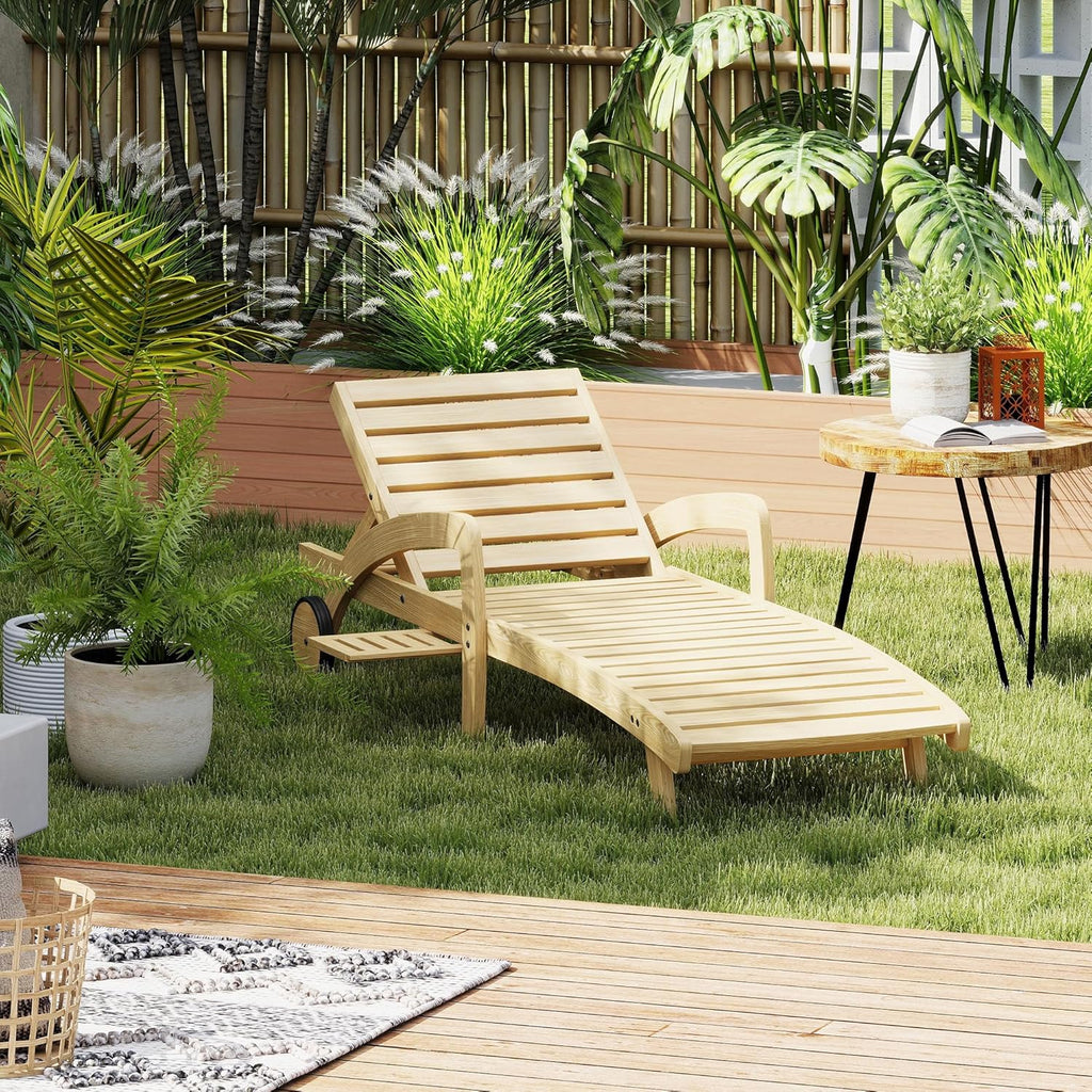 Pool Chaise Lounge Chairs Set of 4 5-Position Adjustable Outdoor Patio Lounge Chairs Wood Reclining Chaise Lounger Chair with Pullout Side Table