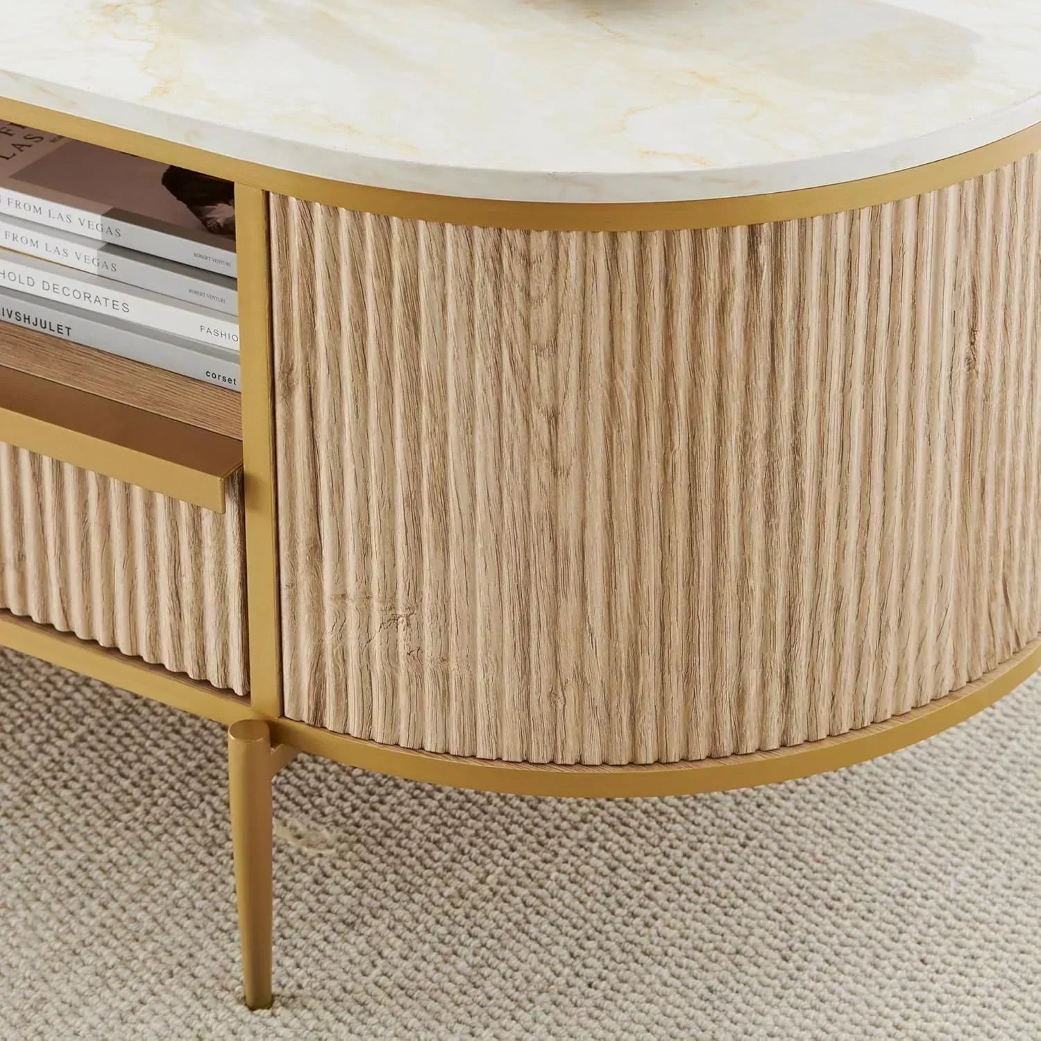 OKD Modern Luxury Grooved Coffee Table 48 Inch Oval Coffee Table Drawers Imitation Marble Top