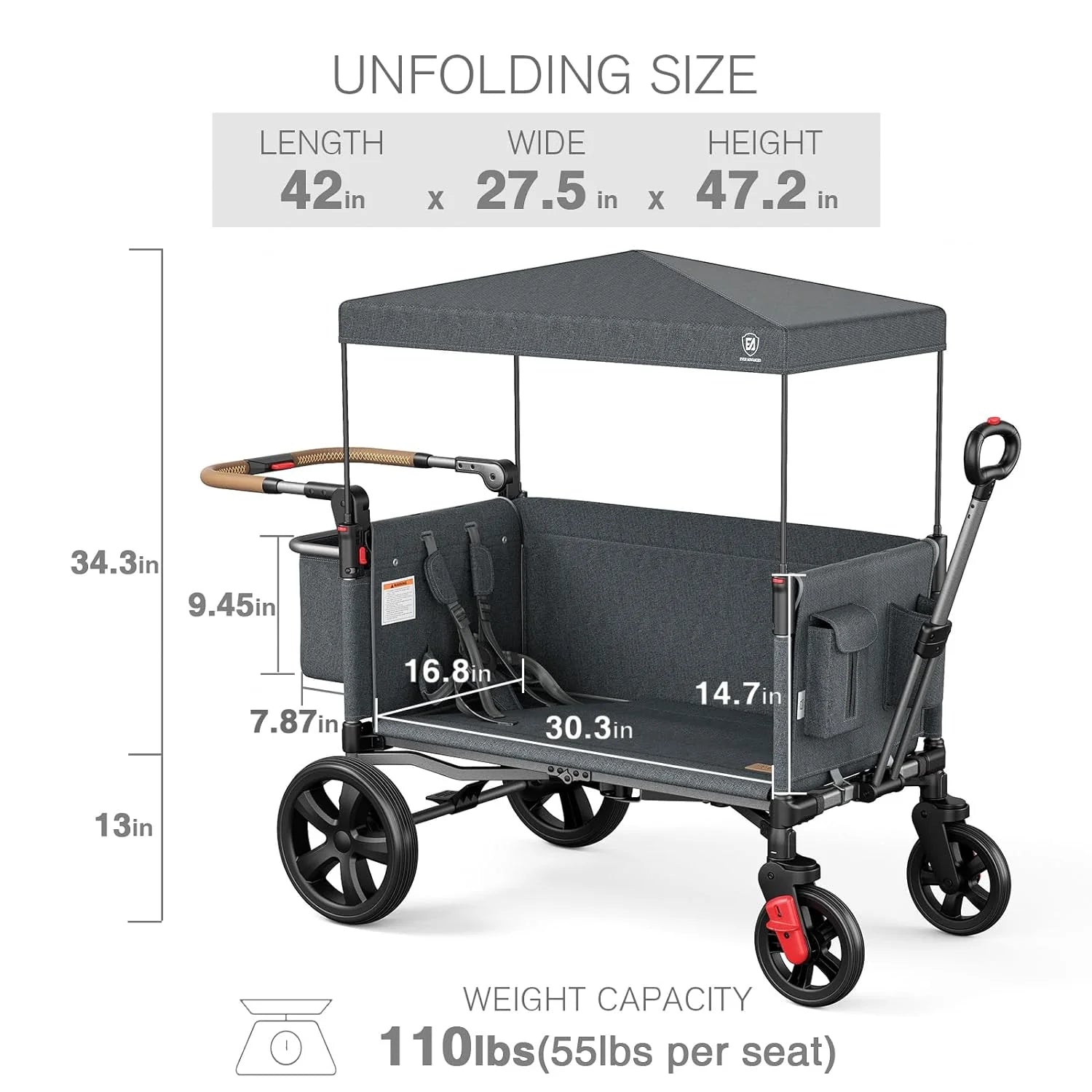 EVER ADVANCED Side-unzip Wagon Stroller for 2 Kids, Push Pull Stroller with Adjustable Handle, Easy Access Front Zipper Door, 5-Point Harness Removable UV-Protection Canopy Shock-Absorbing Wheels,Grey