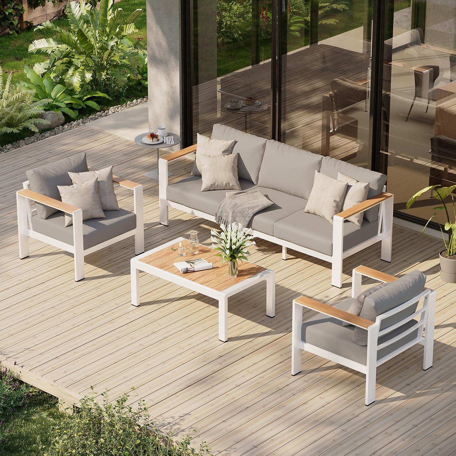 Aluminum Outdoor Patio Furniture Set with Coffee Table, 5 Piece Patio Conversation Sets, Outdoor Sectional Furniture for Porch, Balcony, Yard, Gray