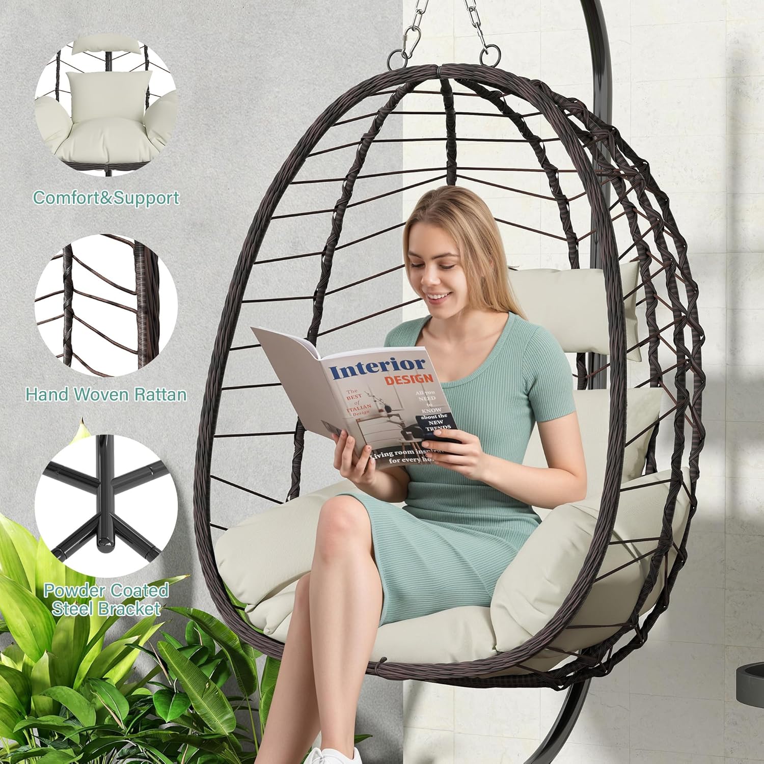 Hanging Egg Chair with Stand Swinging Egg Chair Outdoor Hanging Basket Chair with Cushion