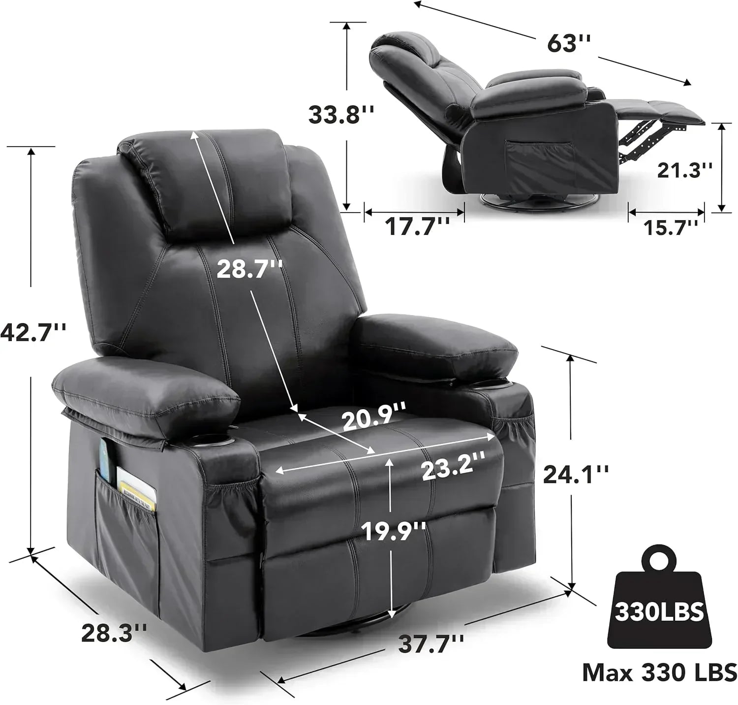 Large Swivel Rocking Recliner with Massage Function 360 Degree Swivel Rocking Single Sofa