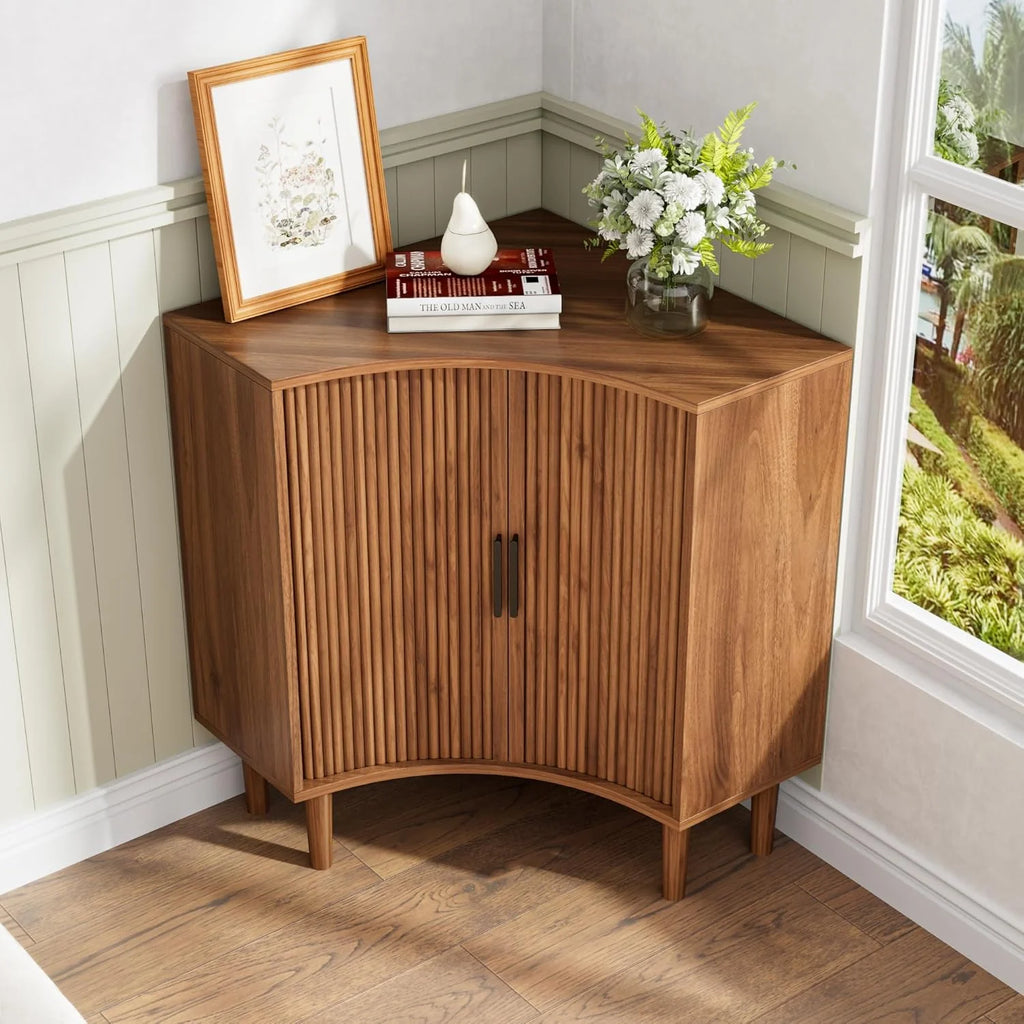 Fluted corner cabinet, small corner base cabinet modern wooden storage organizer