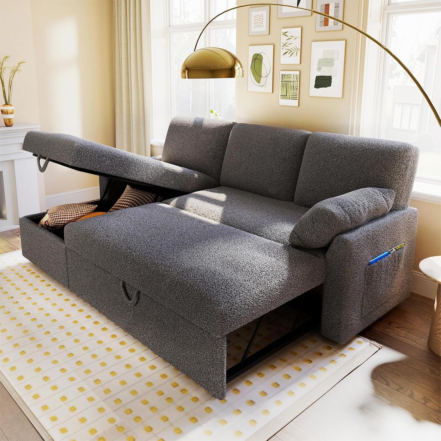 VanAcc Sofa Bed Sleeper Sofa with Storage Chaise 2 in 1 Pull Out Couch Living Room