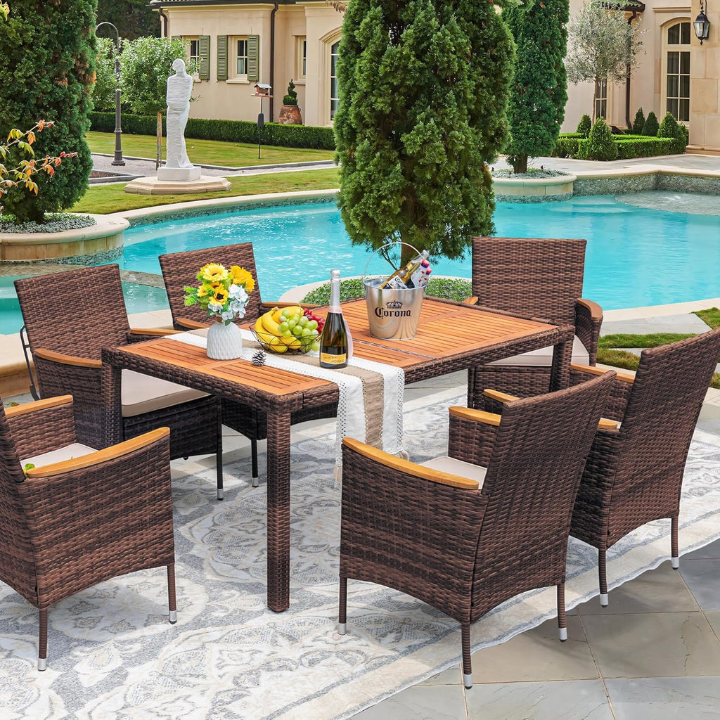 Devoko Dining 7 PCS Furniture, Patio Conversation Set with Acacia Wood Table Top, Rattan Outdoor, Black