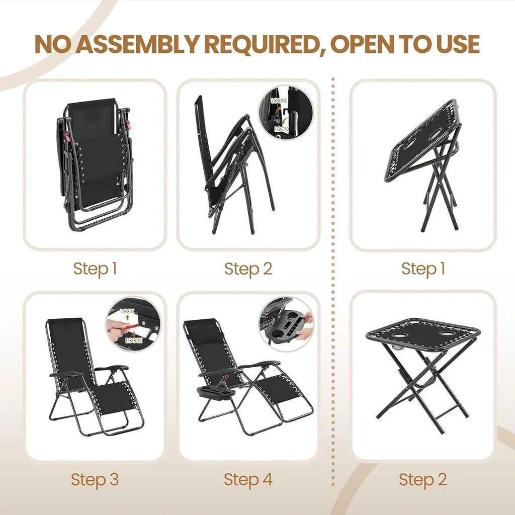 3PCS Zero Gravity Recliner Portable Outdoor Reclining Chair Set Side Table Lounge Chairs