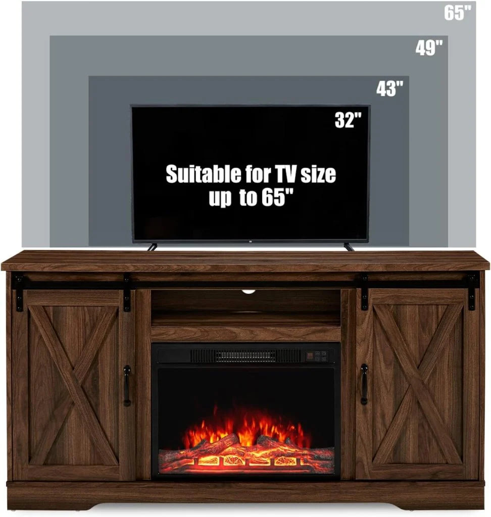 AMERLIFE Fireplace TV Stand with Sliding Barn Door for TVs up to 73, Farmhouse 63 Fireplace Entertainment Center with Storage Cabinets/Adjustable Shelves