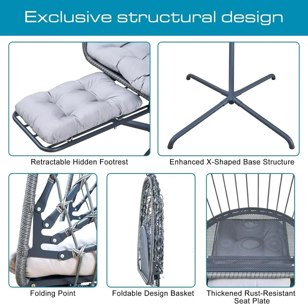 Hanging Egg Chair with Stand and Leg Rest Rattan Wicker Swing Hammock Chair UV-Resistant Cushion