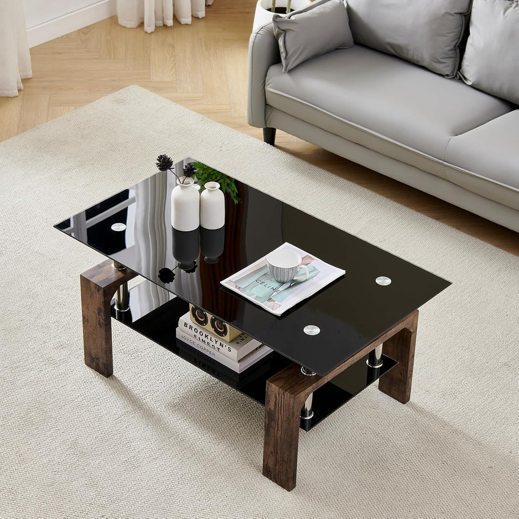 Living Room Rectangle Coffee Table, Tea Table Suitable for Waiting Room, Modern Side Coffee Table with Wooden Leg, Glass Tabletop