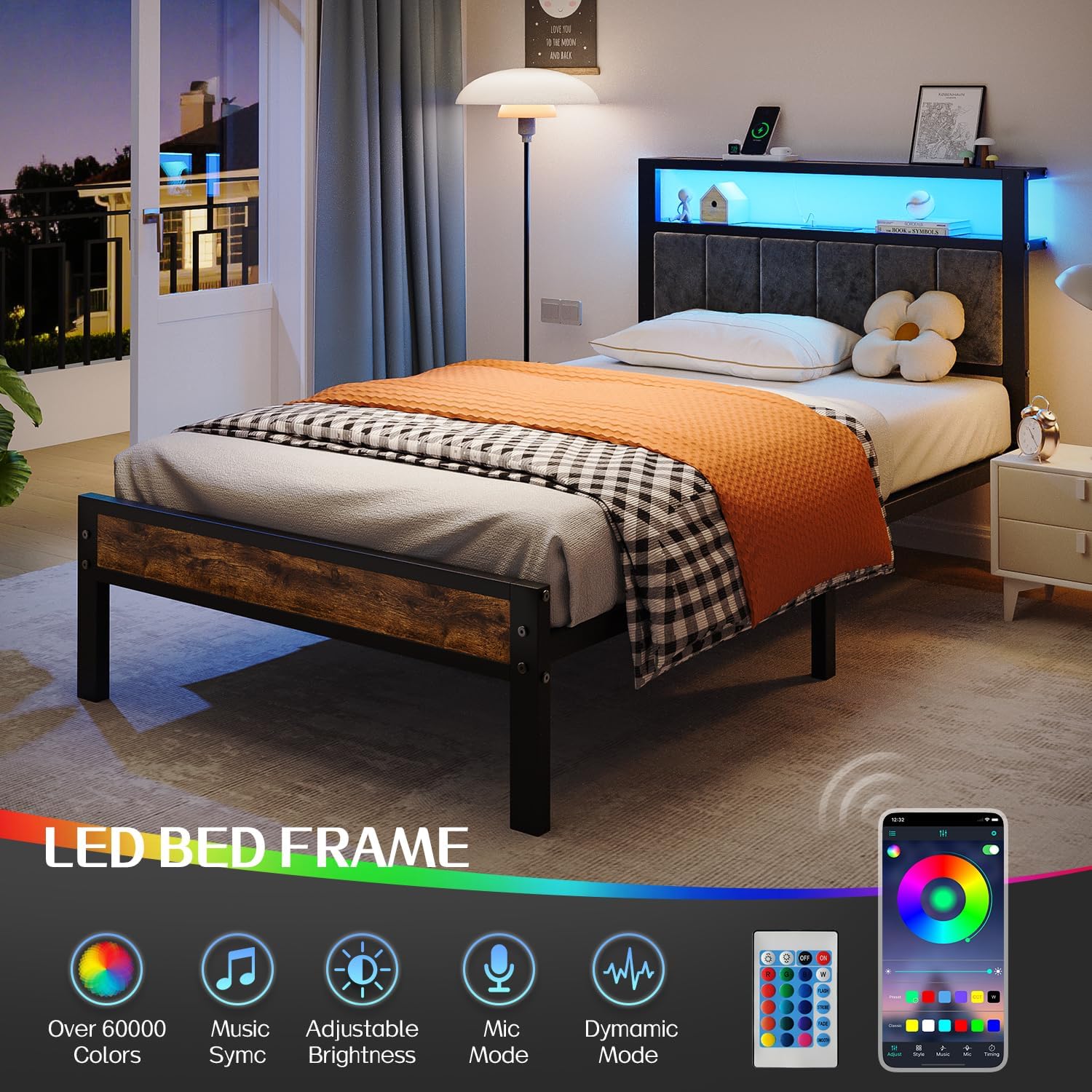 Queen Size Bed Frame with 2-Tier Storage Shelves Headboard Platform Bed Charging Station