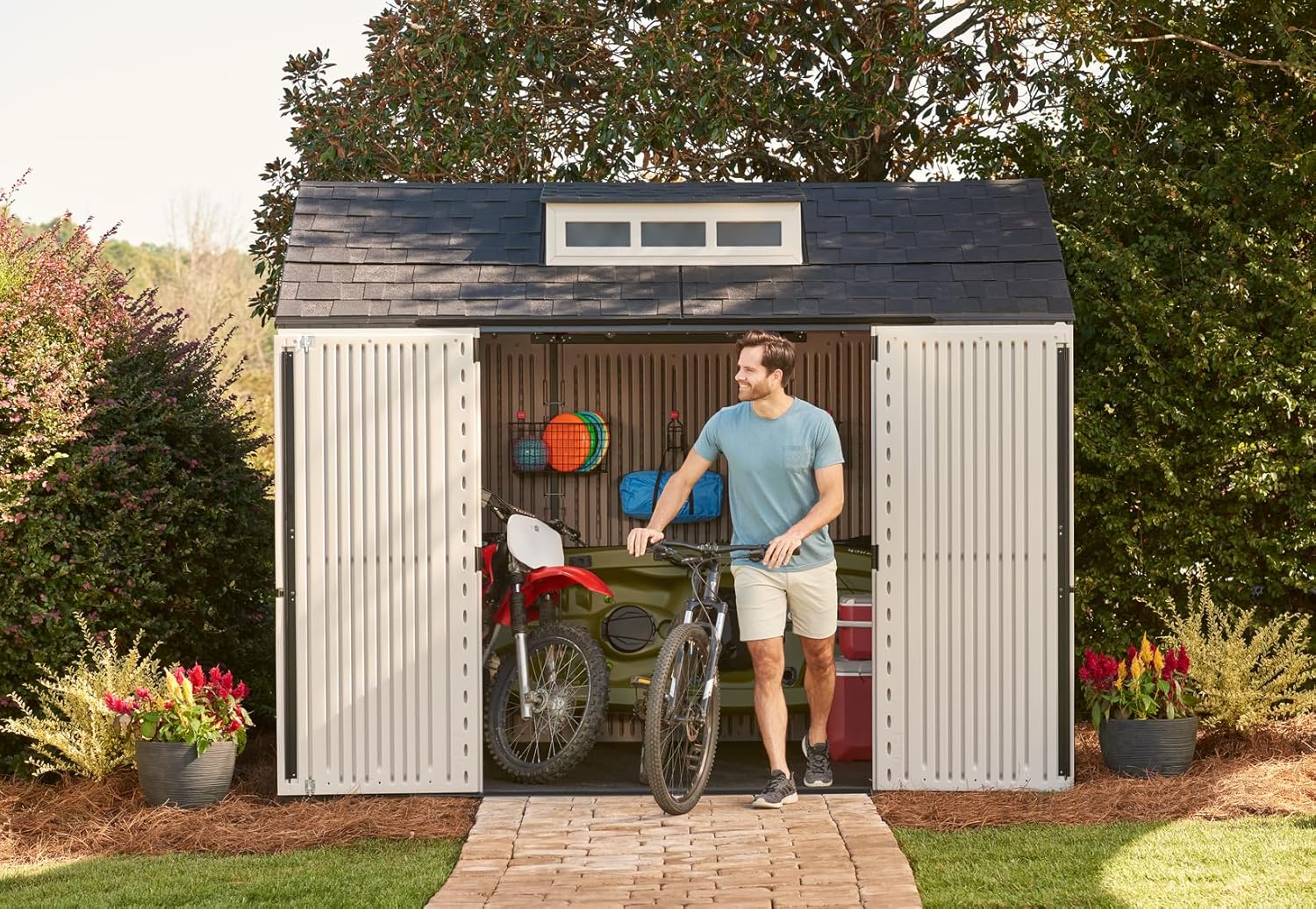 Rubbermaid Resin Outdoor Storage Shed With Floor Weather Resistant Gray Organization for Home