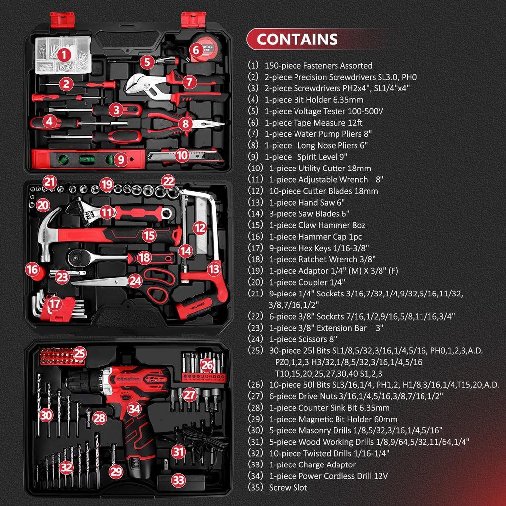 KingTool 276-Piece Tool Set Kit Tool kit 12V Cordless Power Drill Driver Toolbox Storage Case