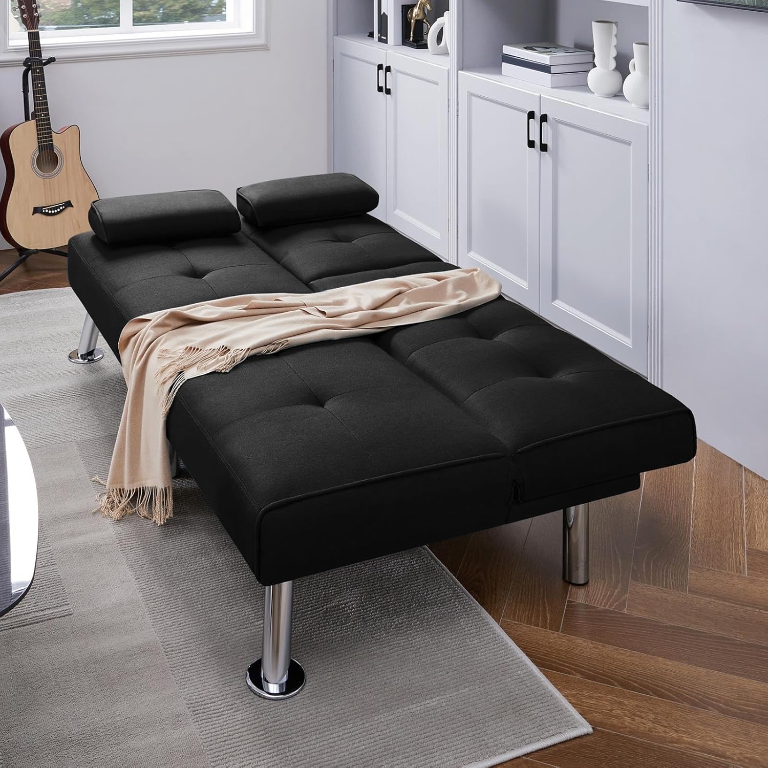 Yaheetech Convertible Sofa Bed Adjustable Couch Sleeper Modern Faux Leather Home Recliner Reversible Loveseat Folding Daybed Guest Bed, Removable Armrests, Cup Holders, 3 Angles, 772lb Capacity, Brown