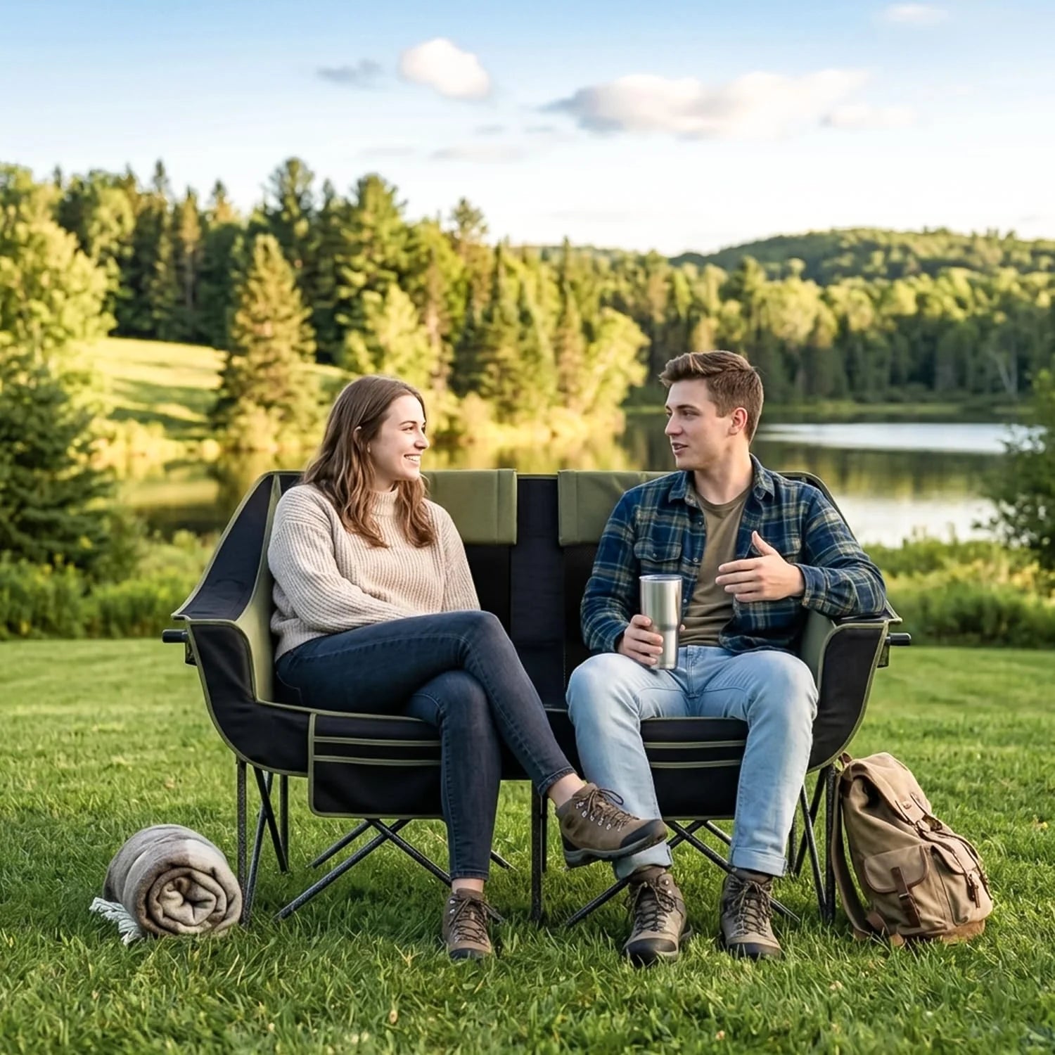 Oversized Heavy Duty Folding Camping Chair for Two Adults Loveseat with Cup Holders and Carry Bag 660 lbs
