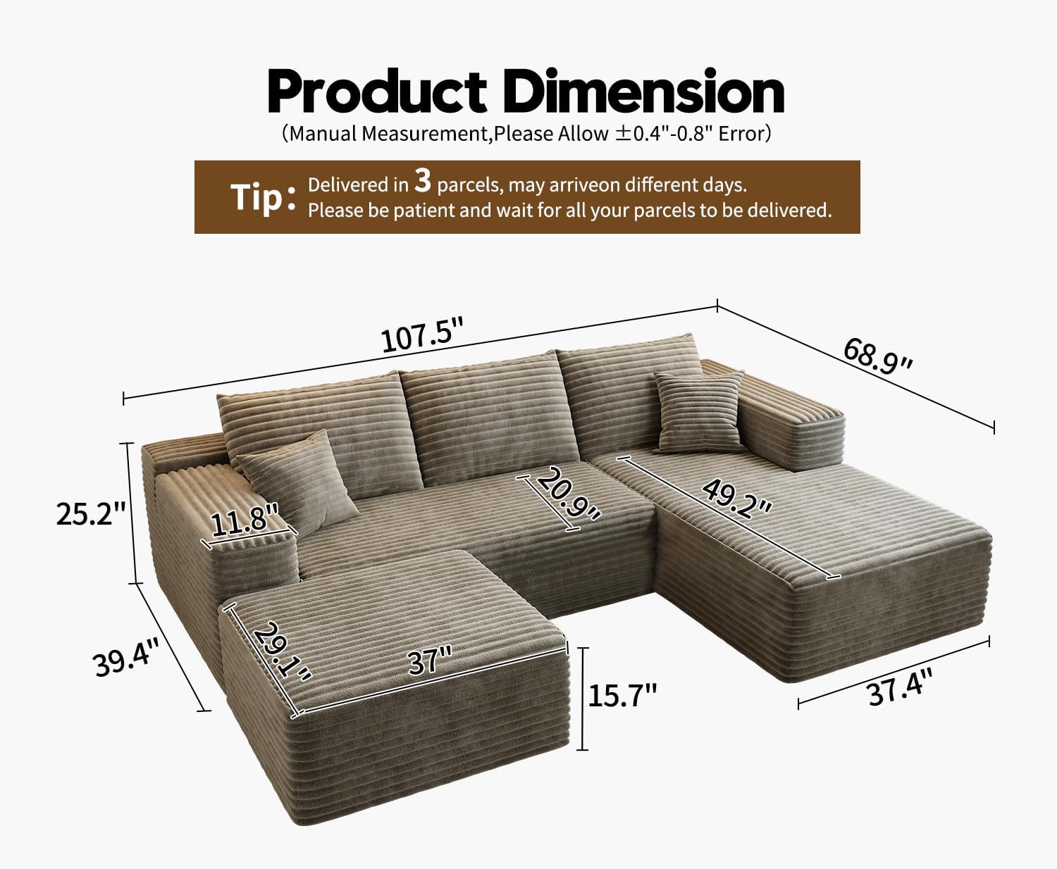 107.5 Cloud Modular Sectional Sofa Couch with L-Shape Chaise,Modern Minimalist Upholstered Couches