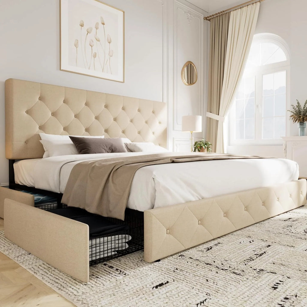 Allewie Upholstered Queen Size Platform Bed Frame with 4 Storage Drawers and Headboard