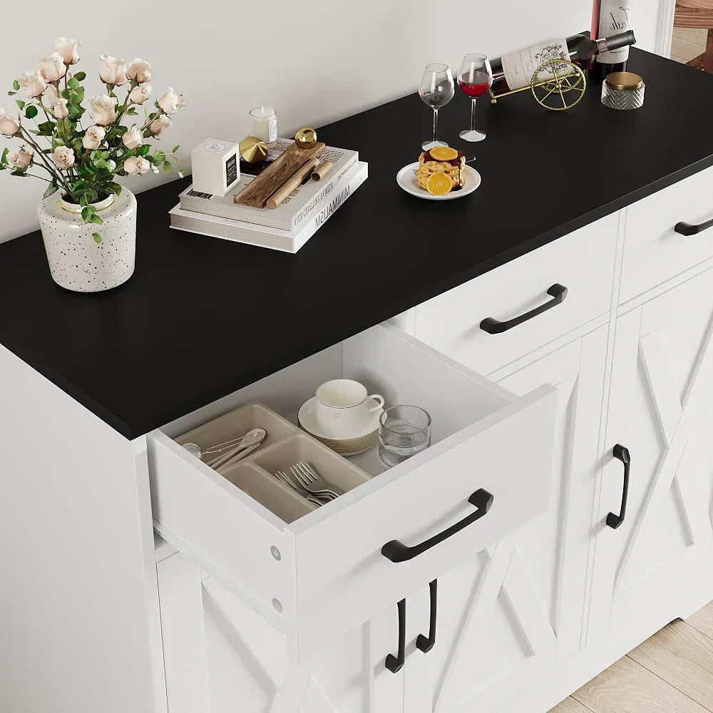 Modern farmhouse sideboard barn door buffet storage cabinet with drawers and shelves