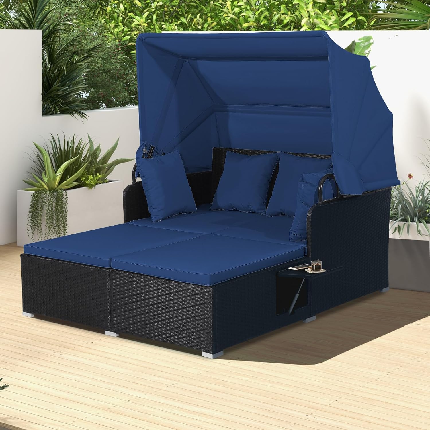RELAX4LIFE Patio Outdoor Daybed with Canopy Wicker Sunbed Cushions 4 Pillows