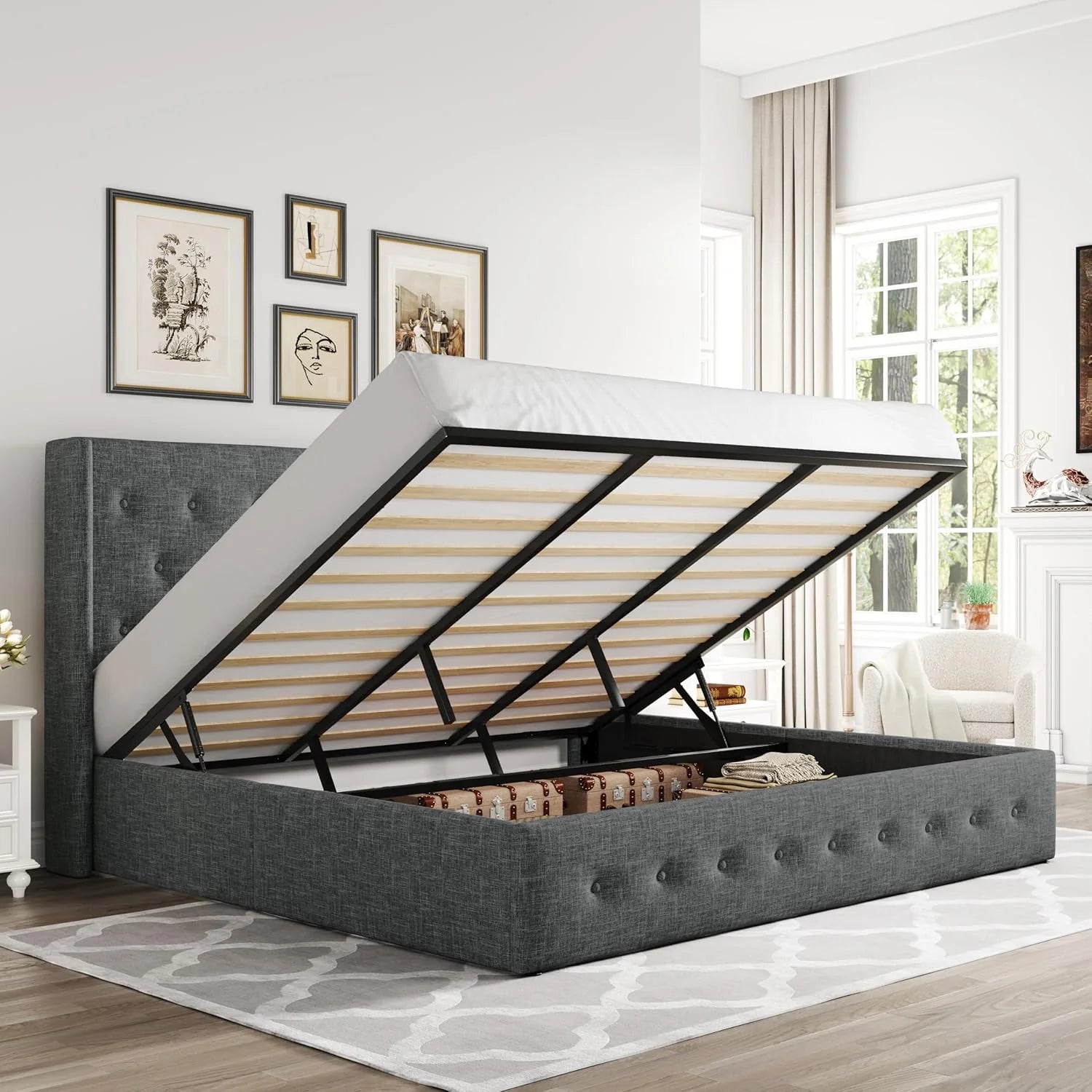 Allewie Queen Size Lift Up Storage Bed Modern Wingback Headboard Hydraulic Support